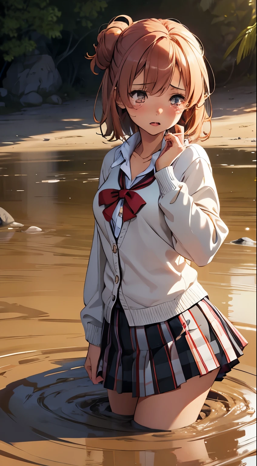 1girl, solo, masterpiece, best quality, high res, highly detailed, (illustration), beatiful detailed eyes, yuigahama yui, single hair bun, glossy lips, light makeup, scared, (tears), school cardigan, (skirt), (quicksand:1.3)