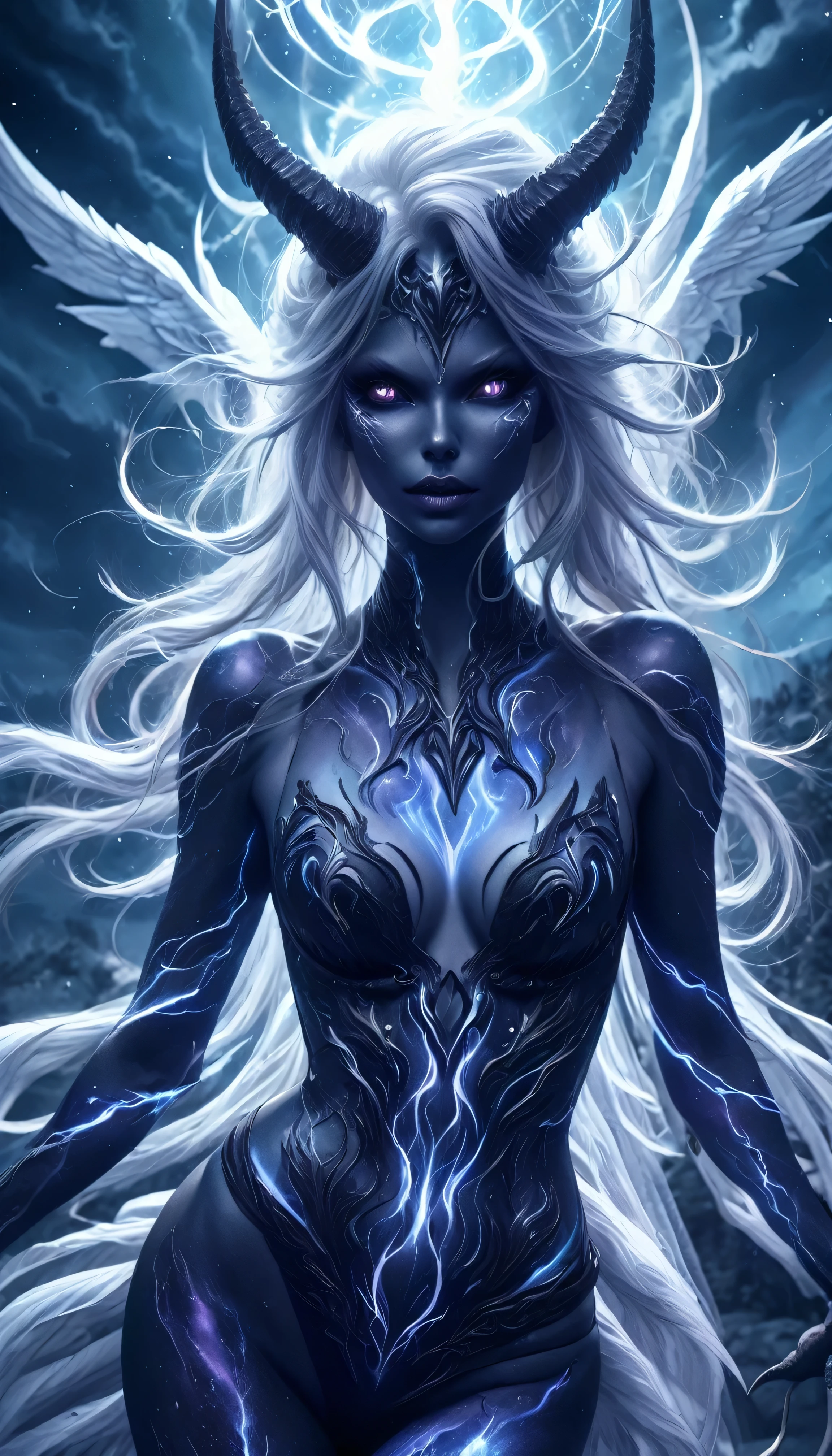 Demoness, busty, ((highest quality)),(ultra high resolution),(Super detailed),(detailed description),((best CG)),(best work of art),super precision art,amazing drawing art,(Fantasy art with intricate detail:1.5), A spear of light that pierces heaven and earth,Lightning emanating from the aurora cuts through the night sky,Angels blowing the trumpets of the end