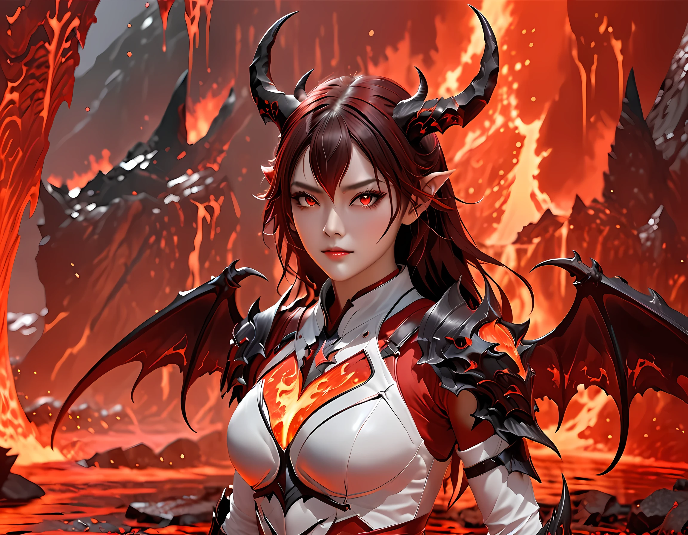 fantasy art, RPG art, masterpiece, a portrait picture o hellish female demon from hell, she has (black horns: 1.2), (black: 1.2) demon wings, (red: 1.3) skin, red lava dripping from her, she wears (white: 1.3) armor, hdsrmr, streams of rolling lava, hell in the background, 3d rendering, shadow wings