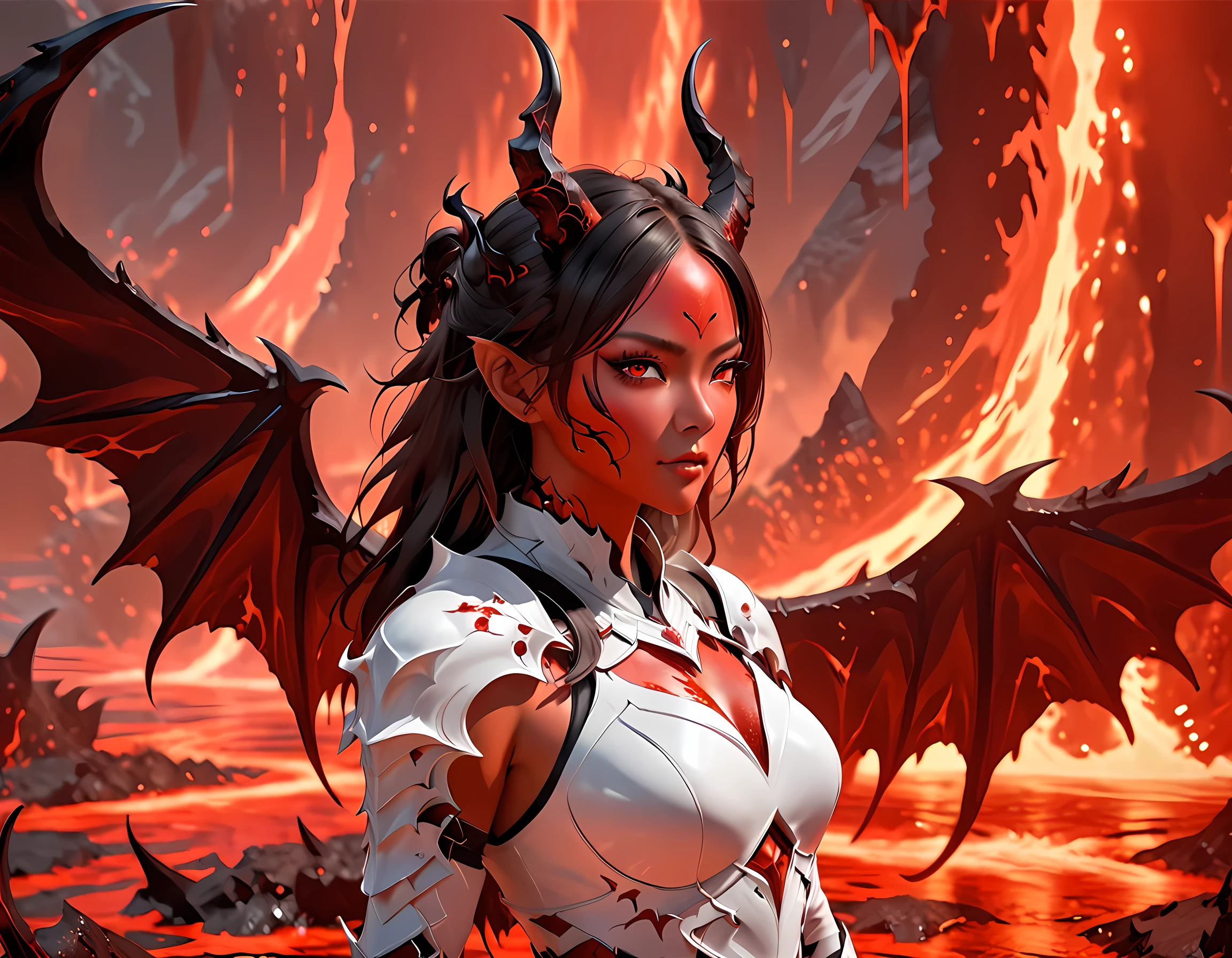 fantasy art, RPG art, masterpiece, a portrait picture o hellish female demon from hell, she has (black horns: 1.2), (black: 1.2) demon wings, (red: 1.3) skin, red lava dripping from her, she wears (white: 1.3) armor, hdsrmr, streams of rolling lava, hell in the background, 3d rendering, shadow wings