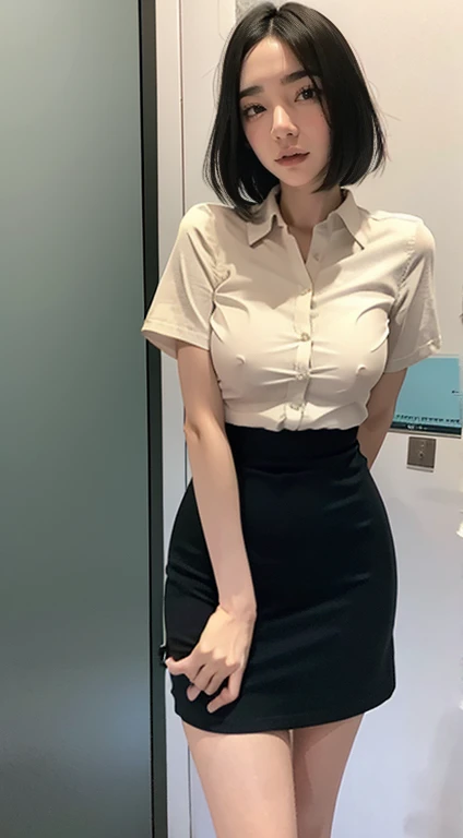 Place your arms behind your back、(Remote Play), OL、((Secretary uniform)),White collared shirt、Black tight mini skirt、office lady、Inside the company、 (close your eyes, Open your mouth, Slouching posture), 1 female, alone, 19 years old, Place your arms behind your back、 Ideal body type, Erect nipples, Sexy Body, Black-haired, , thin, Large Breasts, Beautiful legs, thin脚, Surrealism, Cinema Lighting, Written boundary depth, First Person View, debt/1.8, 135mm, んdebtdebt, Tabletop, Accurate, Anatomically correct, Textured skin, Super Detail, Attention to detail, high quality, Awards, 最high quality, High resolution, 8k