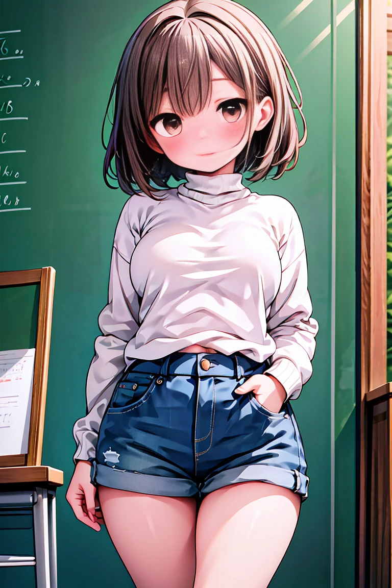 highest quality)), ((masterpiece)), (detailed), Perfect Face,Brown haired woman,Short-haired woman,Brown eyes,Body type is slightly chubby,The breasts are small,The butt is small,The legs are a little thinner,White sweater and jeans