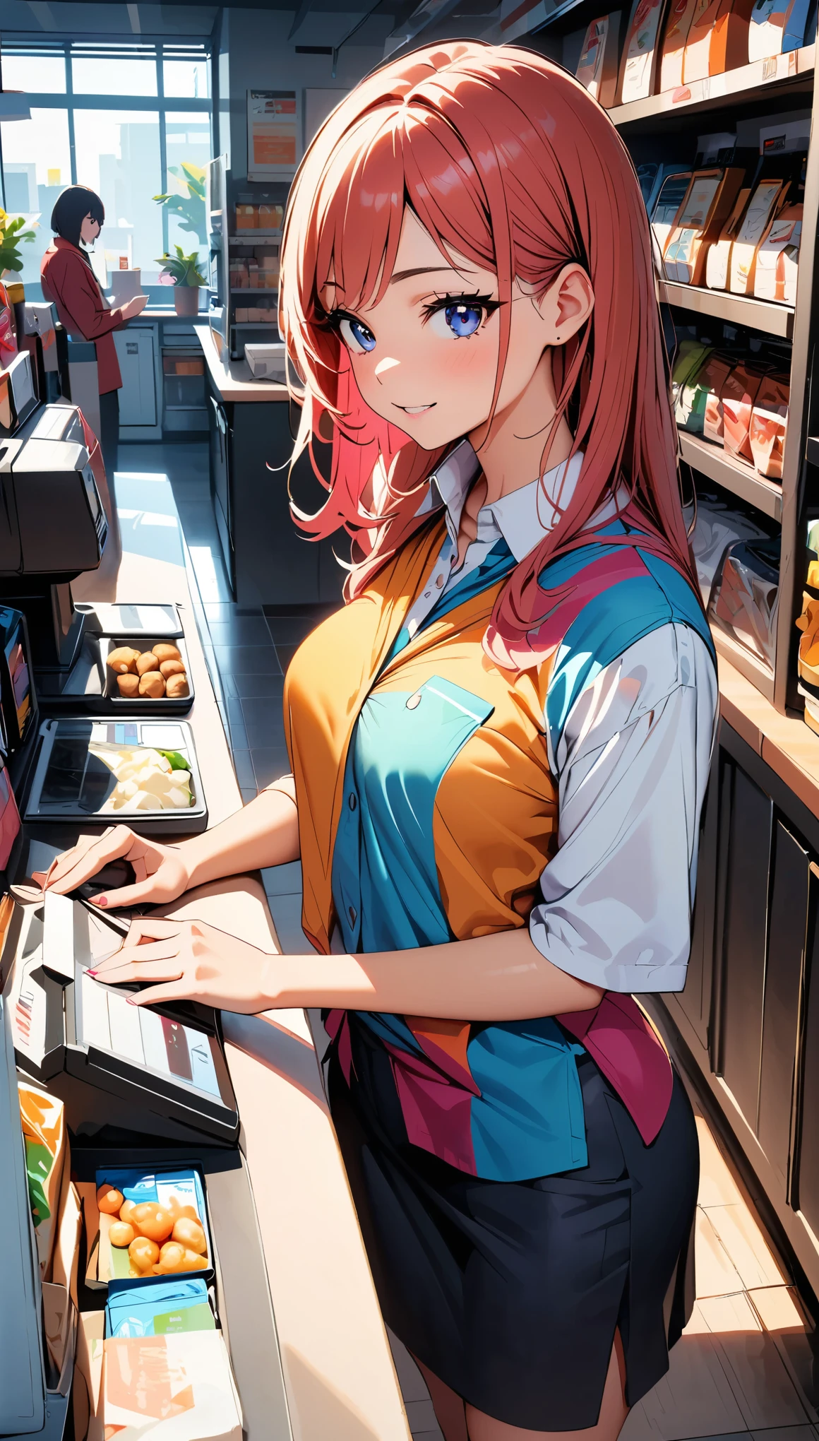 Convenience store, (red and pink uniform: 1.5), clerk girl, smiling with open mouth, correspondence at the cash register, orange hair, brown eyes