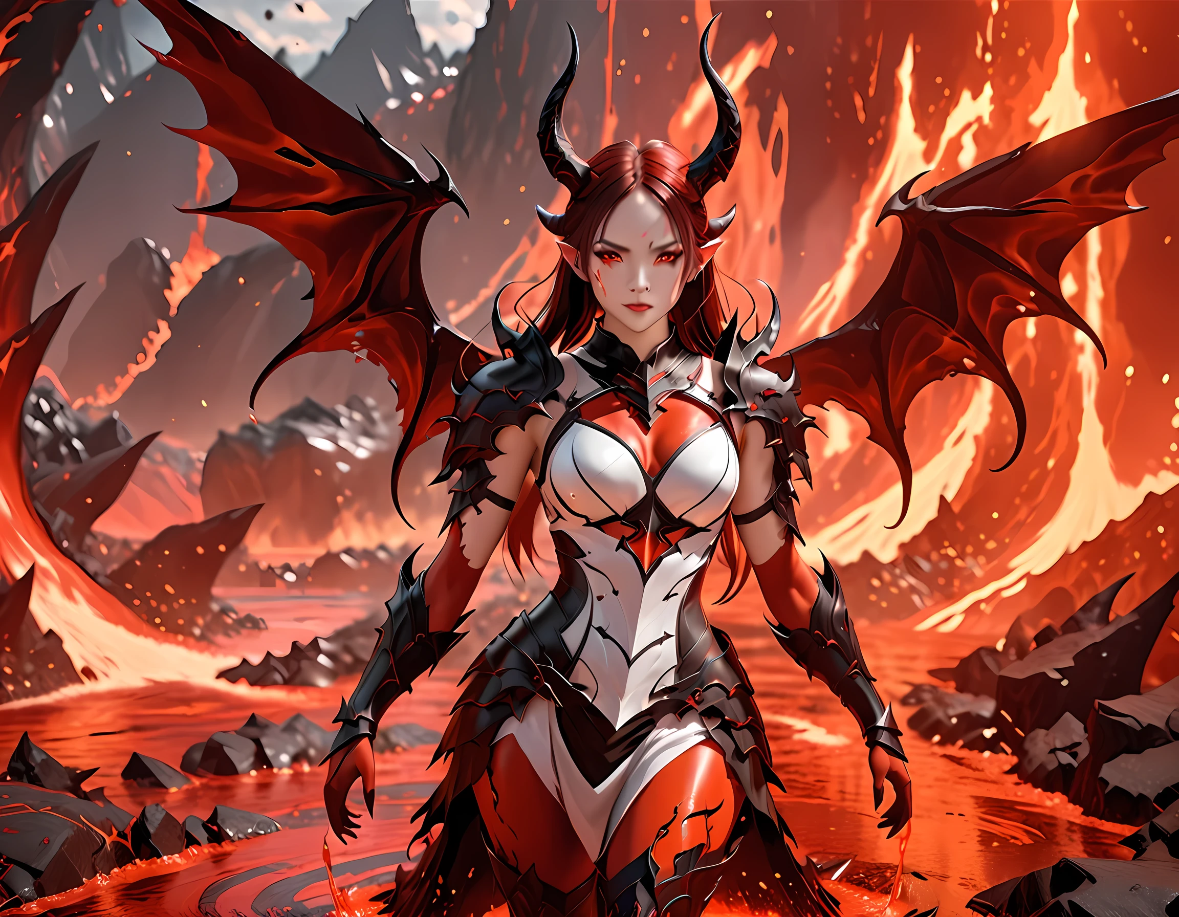 fantasy art, RPG art, masterpiece, a portrait picture o hellish female demon from hell, she has (black horns: 1.2), (black: 1.2) demon wings, (red: 1.3) skin, red lava dripping from her, she wears (white: 1.3) armor, hdsrmr, streams of rolling lava, hell in the background, 3d rendering, shadow wings