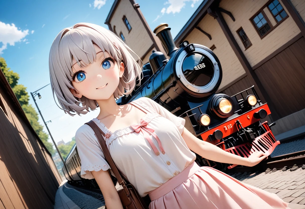 masterpiece, 最high quality, A girl and an old Japanese electric locomotive, similar to the EF58, next to her.、Suspenseful tension「an old electric locomotive」A composition in which a man approaches from behind a girl、Fisheye Lens、A girl in a wide-angle shot、sunlight, A dark navy blue sky with a gradation effect、A girl in the background、************、 A cute face full of delicate and affectionate feelings、A happy look、Humorous images、Well-balanced eyes, nose and mouth、Baby Face, (Silver Hair)、A fantasy world where a girl stands next to a large, shabby building that looks like an old railroad shack, and a rugged, violent, tiny person the size of a sesame seed coexist.、Huge old trains and electric locomotives、A single huge EF58-like light is dimly lit, like a stone on the side of the road. An old electric locomotive 、Approaching the girl from behind was an enormous EF58 train, ten times the height of the girl.、railだらけで踏切の鳴りやまない古い町並みの世界観、People like sesame seeds walking down the street、People like sesame seeds biting the girl、Highly detailed and surreal brick station building, platform、rail、Branching point、と遠くまで行くrailと点滅してる踏切のランプや信号,地平線が見える広い視野のある景色に溶け込む正面から見るrailとホームと古い電気機関車、Detailed face, , Clear focus, Volumetric Fog, 8k , Large format SLR camera, high quality,, Wide-angle lens、It seems someone is having a conversation with the girl engine.。Who called her?？Yui the Electric Train？The girl with the face on the locomotive？