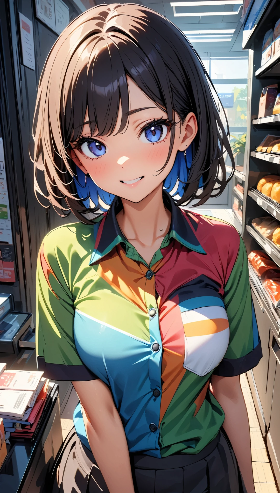 (highest quality:1.2, Very detailed, Latest, Vibrant, Ultra-high resolution, High Contrast, masterpiece:1.2, highest quality, Best aesthetics), 1 Female, Female convenience store clerk, colorful shirt, Convenience Store Uniforms, Displayed items, Bright interior, Female clerk at the counter, Feel-good background music, Well-cleaned floors, Delicious looking side dishes, Items around the cash register,