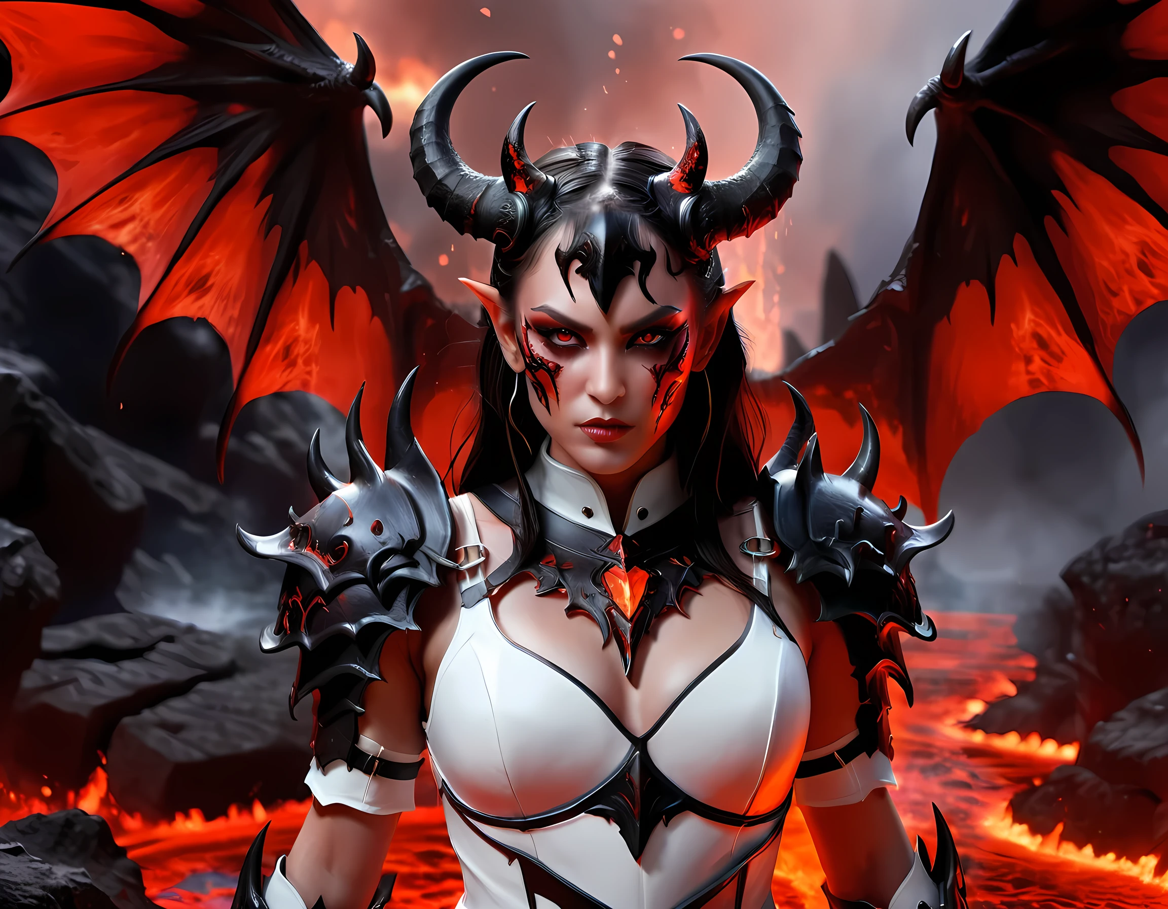 fantasy art, RPG art, masterpiece, a portrait picture o hellish female demon from hell, she has (black horns: 1.2), (black: 1.2) demon wings, (red: 1.3) skin, red lava dripping from her, she wears (white: 1.3) armor, hdsrmr, streams of rolling lava, hell in the background, 3d rendering, shadow wings