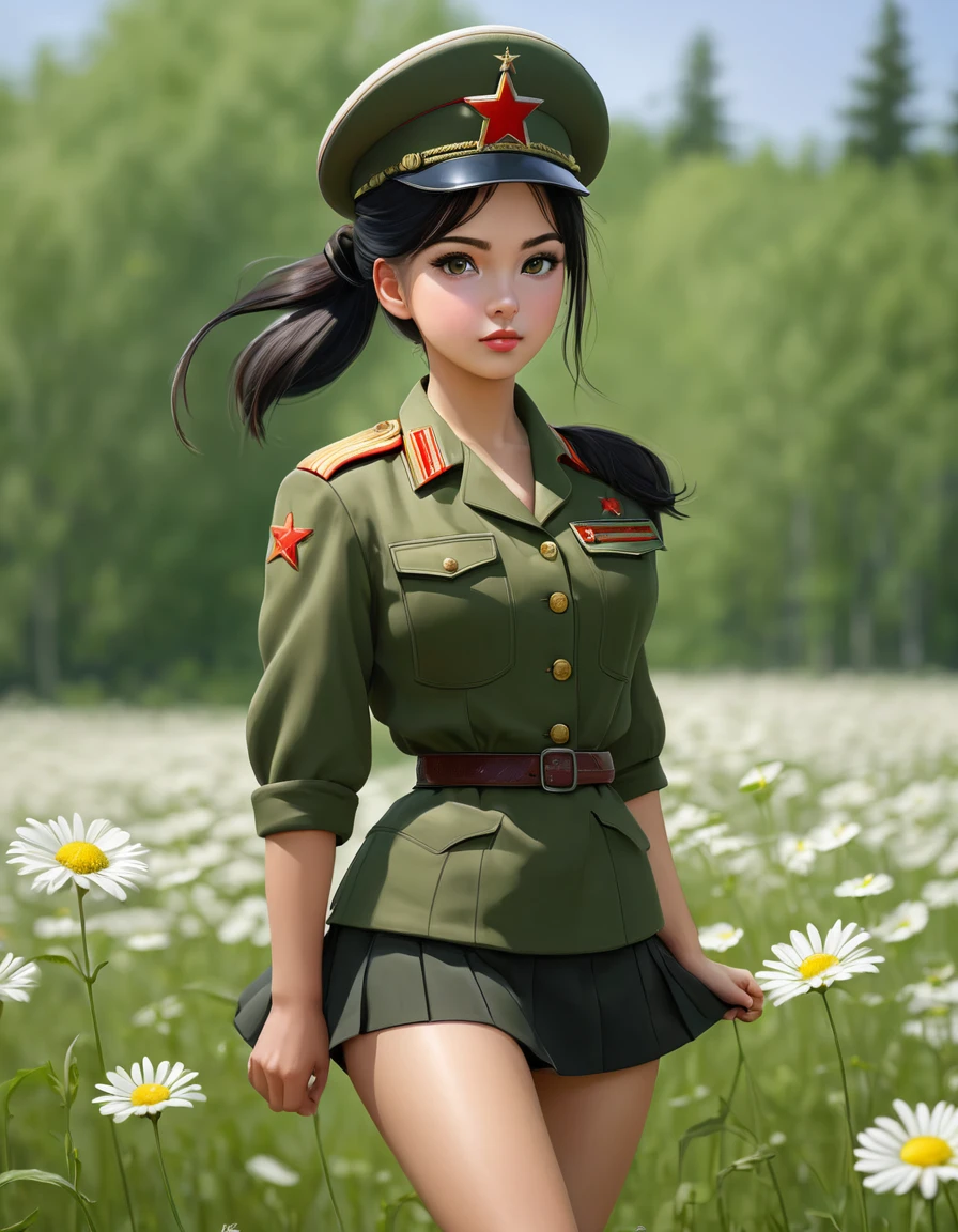 1 girl, One, Soviet military uniform, dynamic pose, Best quality, high quality, high resolution, masterpiece, looks away, turning away from the viewer, source: 1 girl, one, Soviet military uniform, Soviet cap, belt, black hair, ponytail hairstyle, emotions, skirt, green eyes, standing on a field of daisies