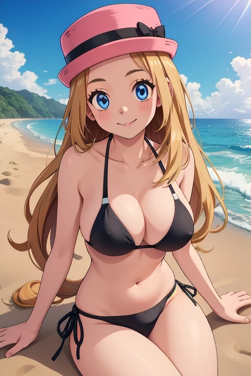 Packing Serena, 1 girl, alone, blue eyes, Blonde, Long Hair, low-tied Long Hair, have, Pink hat,, 
smile,Mouth closed,Cowboy Shot,Sitting,
Ocean,Outdoor,Beach
(Very detailed, Beautiful and elaborate face, masterpiece, highest quality) Cinema Lighting,、Big Breasts、Black Bikini、Black Thong、Nipple Covers