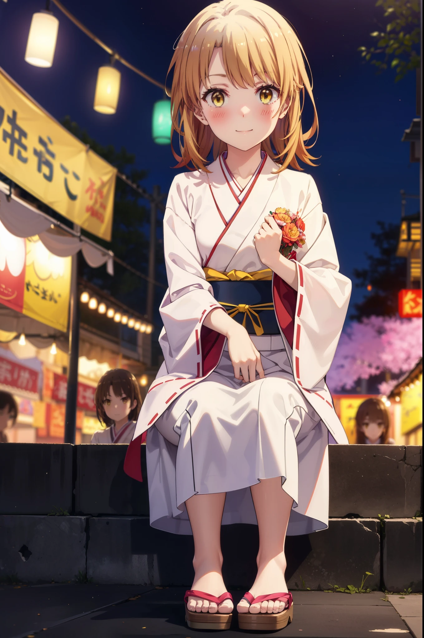 irohaisshiki, Iroha Isshiki, Long Hair, Brown Hair, (Brown eyes:1.5), smile,Yellow Kimono,Thick sleeves,White tabi,Sandals,日本のFestivalり,夏Festivalりの屋台,Red lantern,Fireworks in the night sky、Fireworks,The place is a fireworks display,Time is night,sunny day,whole bodyがイラストに入るように,歩いている
break outdoors, Festival,
break looking at viewer,whole body,
break (masterpiece:1.2), highest quality, High resolution, unity 8k wallpaper, (figure:0.8), (Beautiful fine details:1.6), Highly detailed face, Perfect lighting, Highly detailed CG, (Perfect hands, Perfect Anatomy),