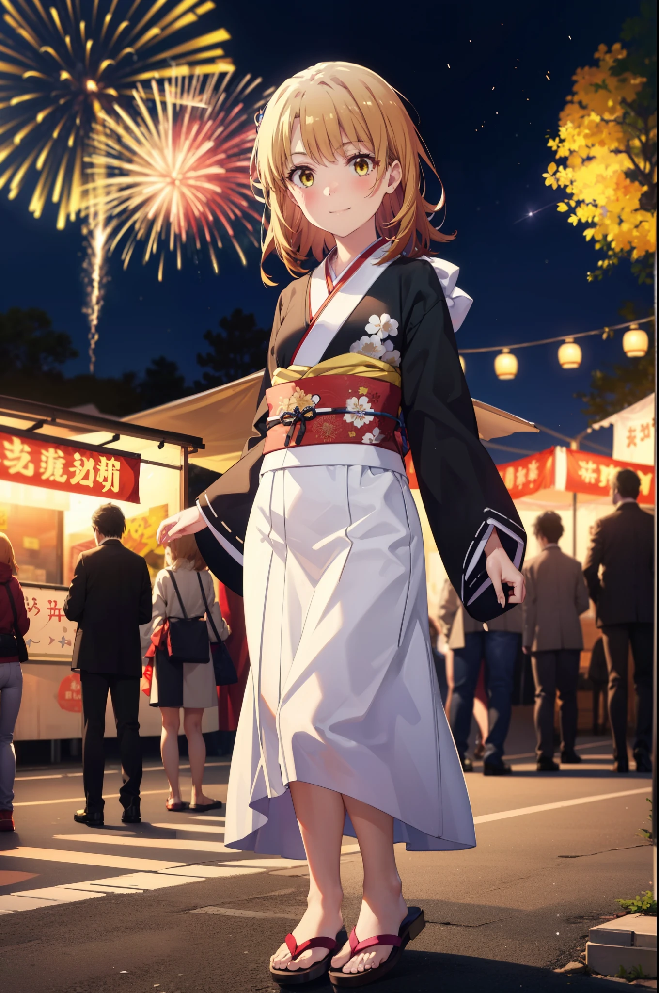 irohaisshiki, Iroha Isshiki, Long Hair, Brown Hair, (Brown eyes:1.5), smile,Yellow Kimono,Thick sleeves,White tabi,Sandals,日本のFestivalり,夏Festivalりの屋台,Red lantern,Fireworks in the night sky、Fireworks,The place is a fireworks display,Time is night,sunny day,whole bodyがイラストに入るように,歩いている
break outdoors, Festival,
break looking at viewer,whole body,
break (masterpiece:1.2), highest quality, High resolution, unity 8k wallpaper, (figure:0.8), (Beautiful fine details:1.6), Highly detailed face, Perfect lighting, Highly detailed CG, (Perfect hands, Perfect Anatomy),