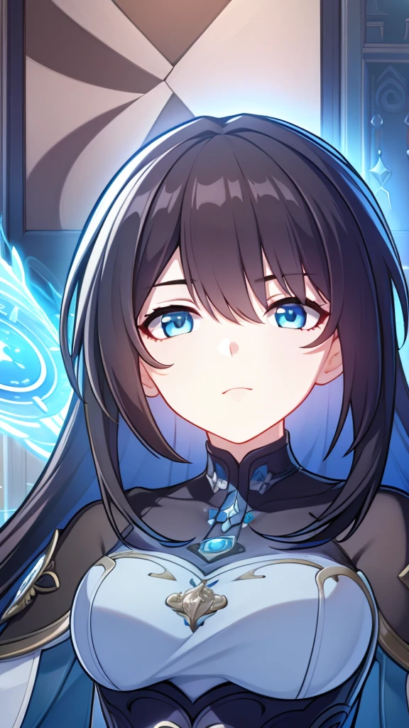 sela, black hair, medium hair, cerulean eyes, white pharmacist coat, medium breast, futuristic, body close up, no face focus, visual novel cg style, BREAK looking at viewer, BREAK (masterpiece:1.2), best quality, high resolution, unity' 8k wallpaper, (illustration:0.8), (beautiful detailed eyes:1.6), extremely detailed face, perfect lighting, extremely detailed CG, (perfect hands, perfect anatomy)