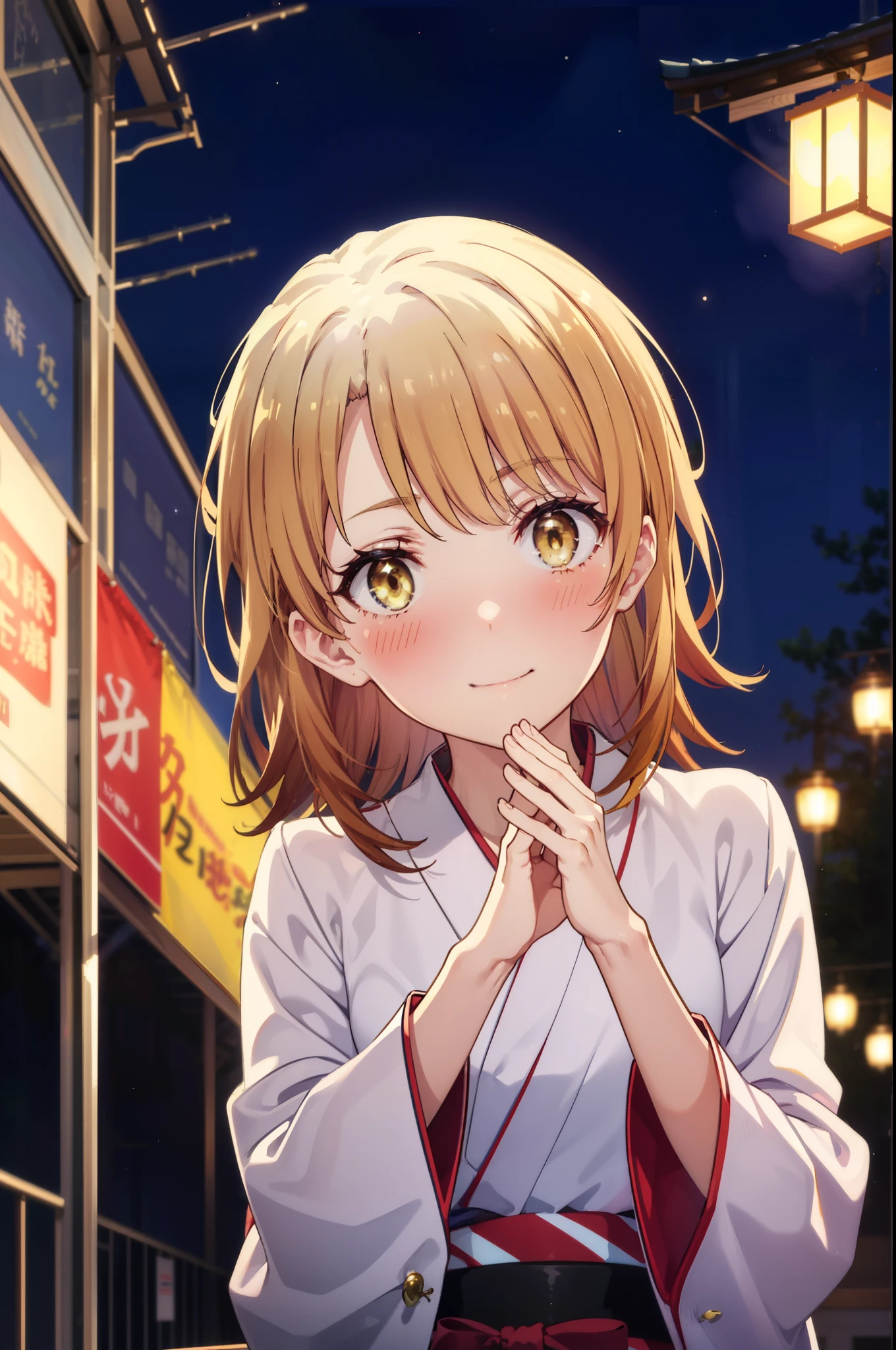 irohaisshiki, Iroha Isshiki, Long Hair, Brown Hair, (Brown eyes:1.5), smile,Yellow Kimono,Thick sleeves,White tabi,Sandals,日本のFestivalり,夏Festivalりの屋台,Red lantern,Fireworks in the night sky、Fireworks,The place is a fireworks display,Time is night,sunny day,whole bodyがイラストに入るように,歩いている
break outdoors, Festival,
break looking at viewer,whole body,
break (masterpiece:1.2), highest quality, High resolution, unity 8k wallpaper, (figure:0.8), (Beautiful fine details:1.6), Highly detailed face, Perfect lighting, Highly detailed CG, (Perfect hands, Perfect Anatomy),