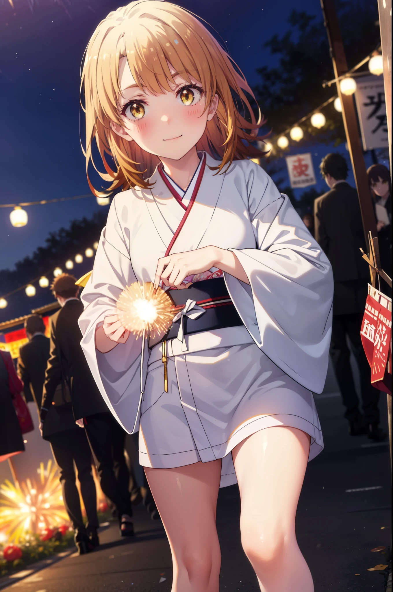 irohaisshiki, Iroha Isshiki, Long Hair, Brown Hair, (Brown eyes:1.5), smile,Yellow Kimono,Thick sleeves,White tabi,Sandals,日本のFestivalり,夏Festivalりの屋台,Red lantern,Fireworks in the night sky、Fireworks,The place is a fireworks display,Time is night,sunny day,whole bodyがイラストに入るように,歩いている
break outdoors, Festival,
break looking at viewer,whole body,
break (masterpiece:1.2), highest quality, High resolution, unity 8k wallpaper, (figure:0.8), (Beautiful fine details:1.6), Highly detailed face, Perfect lighting, Highly detailed CG, (Perfect hands, Perfect ???????),