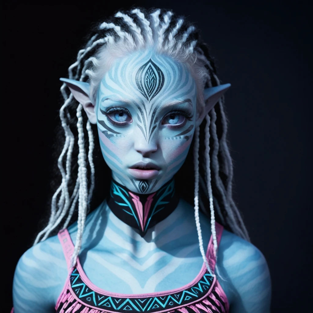 avatar character, (face portrait), 1girl, female, (light blue skin tone), (long curly hair:1.0), black and white hair color, light pink colored eyes, albino, albinism, (young adult), 18 years old:1, (pointy fangs), face wrinkles, wearing tribal clothing, (wearing a tribal top), detailed eyes, toned body, muscled body, vibrant colors, glowing, ethereal atmosphere, surrealistic dreamy lighting, textured skin, otherworldly beauty, mesmerizing photography, (best quality, highres), vivid colors, ultrarealistic, skin details, striped skin, sfw, (face close-up), ultradetailed body, simple dark background