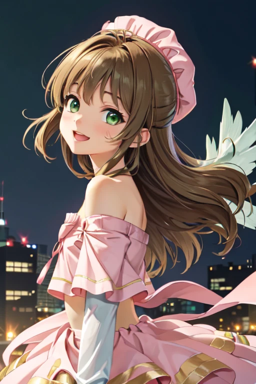 masterpiece, best quality, ultra detailed, highres, extremely detailed CG unity 8k wallpaper, perfect lighting, very detailed background, beautiful and aesthetic,sharp focus, perfect face, dynamic pose, dynamic angle,
Perfect hands、Perfect Fingers、Perfect toes、Five fingers、
1girl, upper body, (portrait:1.1), looking at viewer, full-face blush, from side, from below, smile,Open your mouth、Pink Lips、
night、Megacity、building、
Yellow Dress、
(Shoulder Bare:1.2)、(Off the shoulder:1.4)、(flat chest:1.4)、midriff peek、
light brown hair、(Green Eyes:1.4)、
Cardcaptor_Sakura、