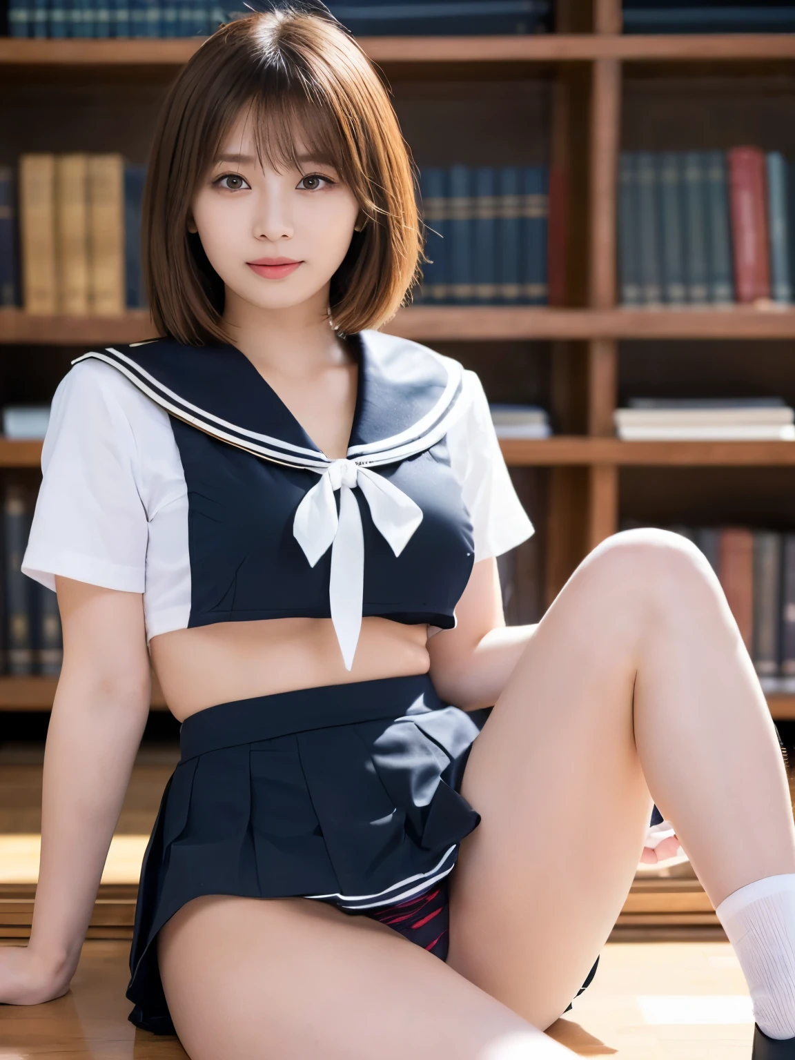 In 8K,highest quality,The real picture,Intricate details,超A high resolution,Depth Field,Masseter muscle area,Natural soft light,Professional Lighting,1 girl,(cute:1.2),Very beautiful 18 year old girl,Detailed Eyes,((Brown eyes)),(Brown Hair),(Short-haired),(Skin without bangs,Glowing Skin,Pure white skin,Fine skin,Big and ample breasts,((Perfect Anatomy,Nice hands,Perfect hands,Five fingers connected to the palm))Her panties slipped to the side、I can see her.,,Perfect bare legs,Delicate legs,Perfect proportions,Sexy,I see big breasts,((sailor uniform super mini skirt)),(tie),Black socks,Black leather shoes,Crouched deep within the city,I can see the crotch,Show me your panties in the library,Both legs are bent,Spread your legs outwards,I can see your white panties,Watching the audience