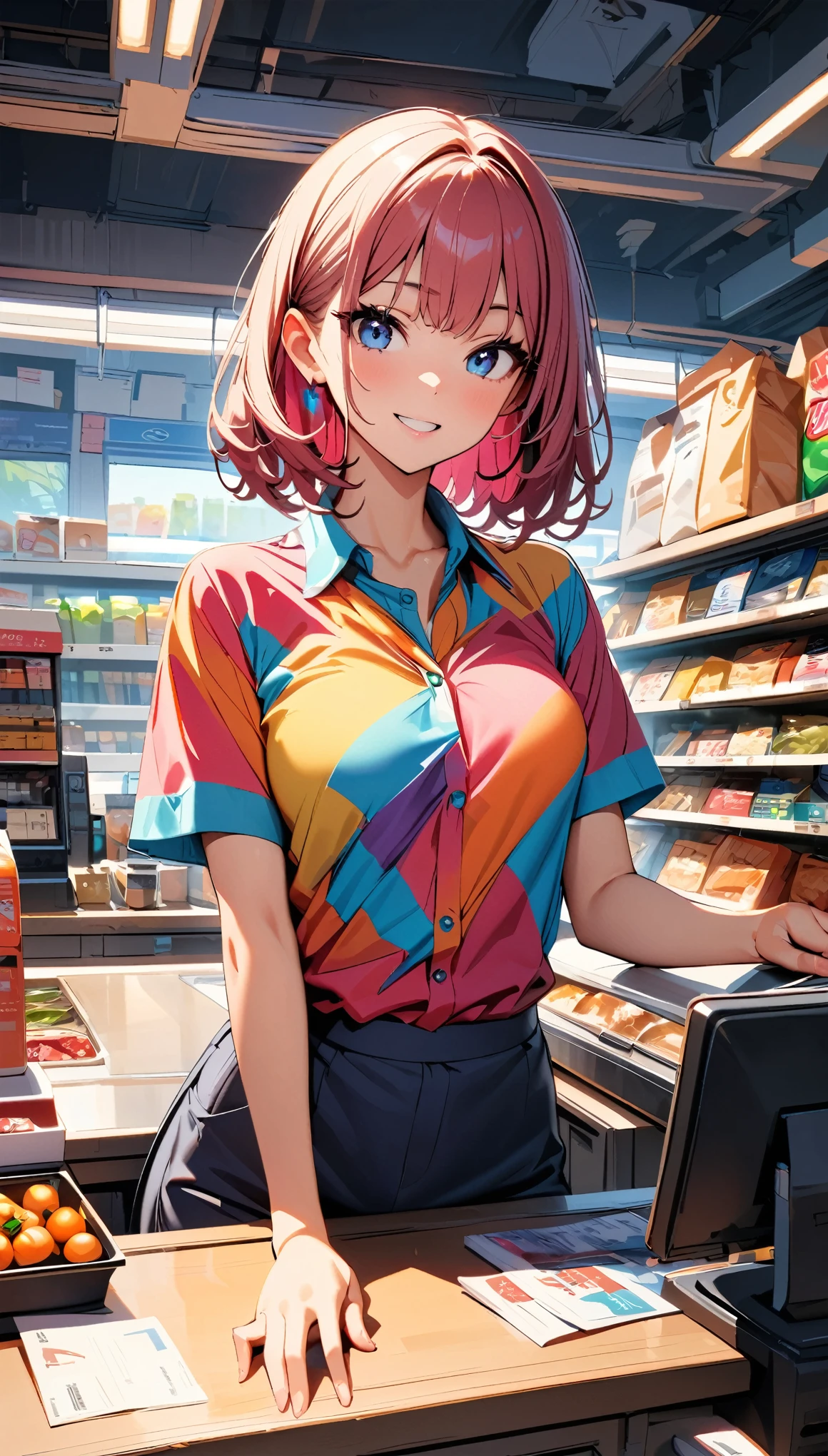 (highest quality:1.2, Very detailed, Latest, Vibrant, Ultra-high resolution, High Contrast, masterpiece:1.2, highest quality, Best aesthetics), 1 Female, Female convenience store clerk, colorful shirt, Convenience Store Uniforms, Displayed items, Bright interior, Female clerk at the counter, Feel-good background music, Well-cleaned floors, Delicious looking side dishes, Items around the cash register,