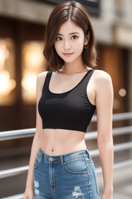 ((Medium chest, Tomboy,)),  (), (Trained abdominal muscles : 1.1), (Perfect body : 1.1), (Short Wavy Hair : 1.2) , Reddish brown hair, collar, Lock, Full Body Shot, Crowded street, Wearing a tank top, Jeans jacket, (Torn clothes:1.3)((Shorts)), (Very detailed CG 8k 壁紙), (Very delicate and beautiful), (Tabletop), (highest quality:1.0), (超A high resolution:1.0),  Beautiful lighting ,Perfect Lightning, Realistic Shadows, [High resolution], Detailed skin, Very detailed (((colorful))),High Reality, thin, Wet,