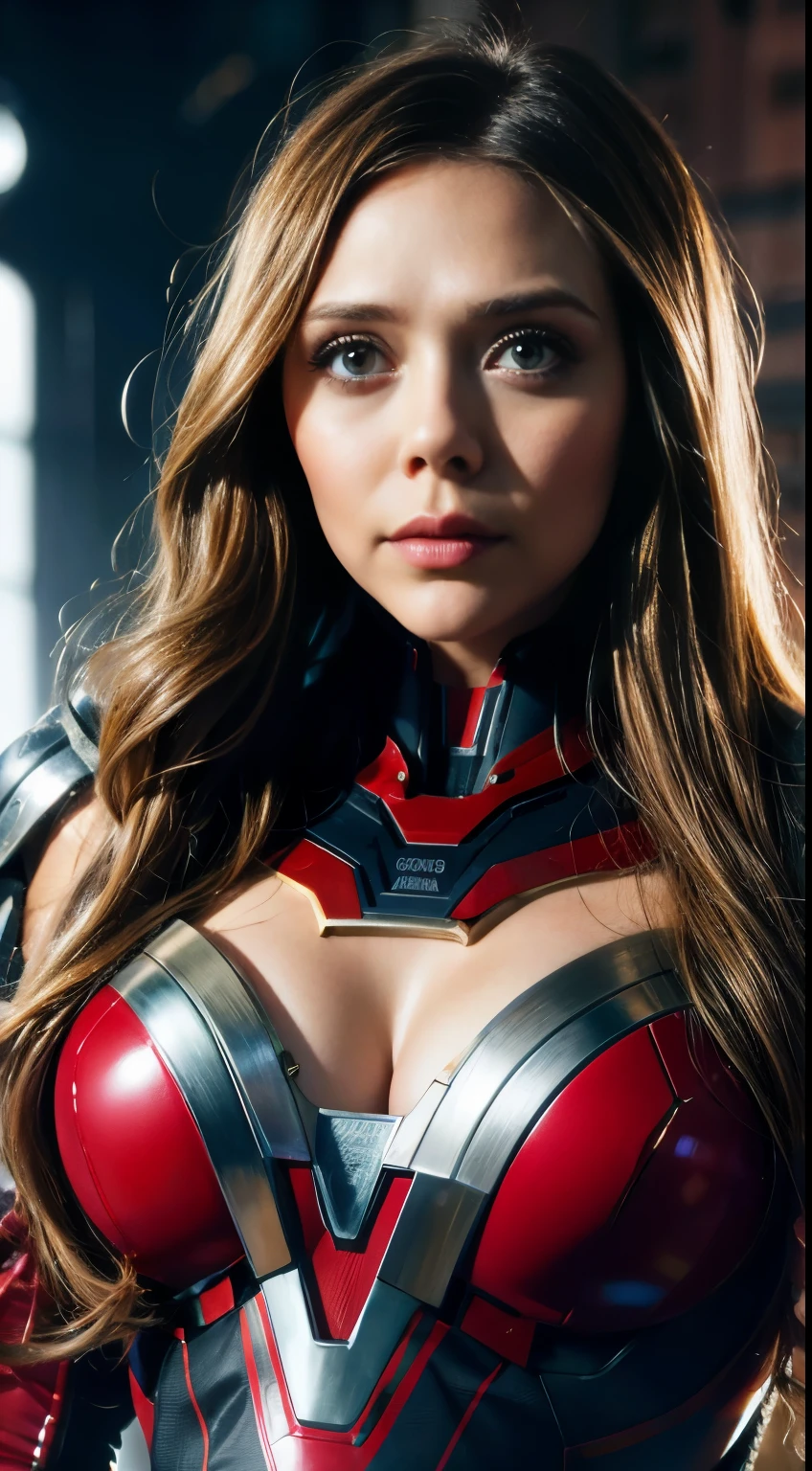 Elizabeth Olsen wearing mechanical Ironman suit, beautiful face, beautiful eyes, downblouse, hyper-realistic, epic realism, 8k, huge breast