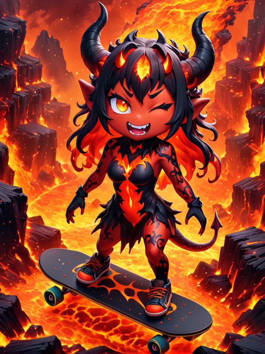 1girl, demon whose body is made of lava, With menacing horns and crimson lava skin, strike a playful pose, Standing on a skateboard, (one eye Close:1.6), Red Eyes, Pouting cute little mouth, Swirling tendrils of smoke leave behind them, proudly, (Volcanic magma background), (The Abyss of Hell), Cartoon Style, full-body shot, Created with C4D and Blender, Blind box toy styles, precise, Super Detail, Anatomically correct, masterpiece