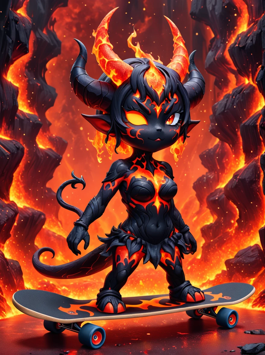 1girl, demon whose body is made of lava, With menacing horns and crimson lava skin, strike a playful pose, Standing on a skateboard, (one eye Close:1.6), Red Eyes, Pouting cute little mouth, Swirling tendrils of smoke leave behind them, proudly, (Volcanic magma background), (The Abyss of Hell), Cartoon Style, full-body shot, Created with C4D and Blender, Blind box toy styles, precise, Super Detail, Anatomically correct, masterpiece