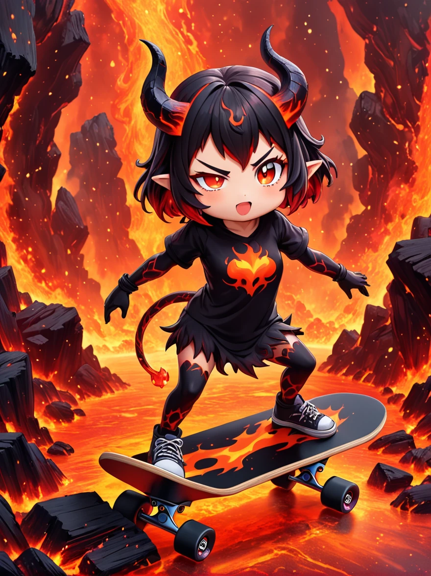 1girl, demon whose body is made of lava, With menacing horns and crimson lava skin, strike a playful pose, Standing on a skateboard, (one eye Close:1.6), Red Eyes, Pouting cute little mouth, Swirling tendrils of smoke leave behind them, proudly, (Volcanic magma background), (The Abyss of Hell), Cartoon Style, full-body shot, Created with C4D and Blender, Blind box toy styles, precise, Super Detail, Anatomically correct, masterpiece