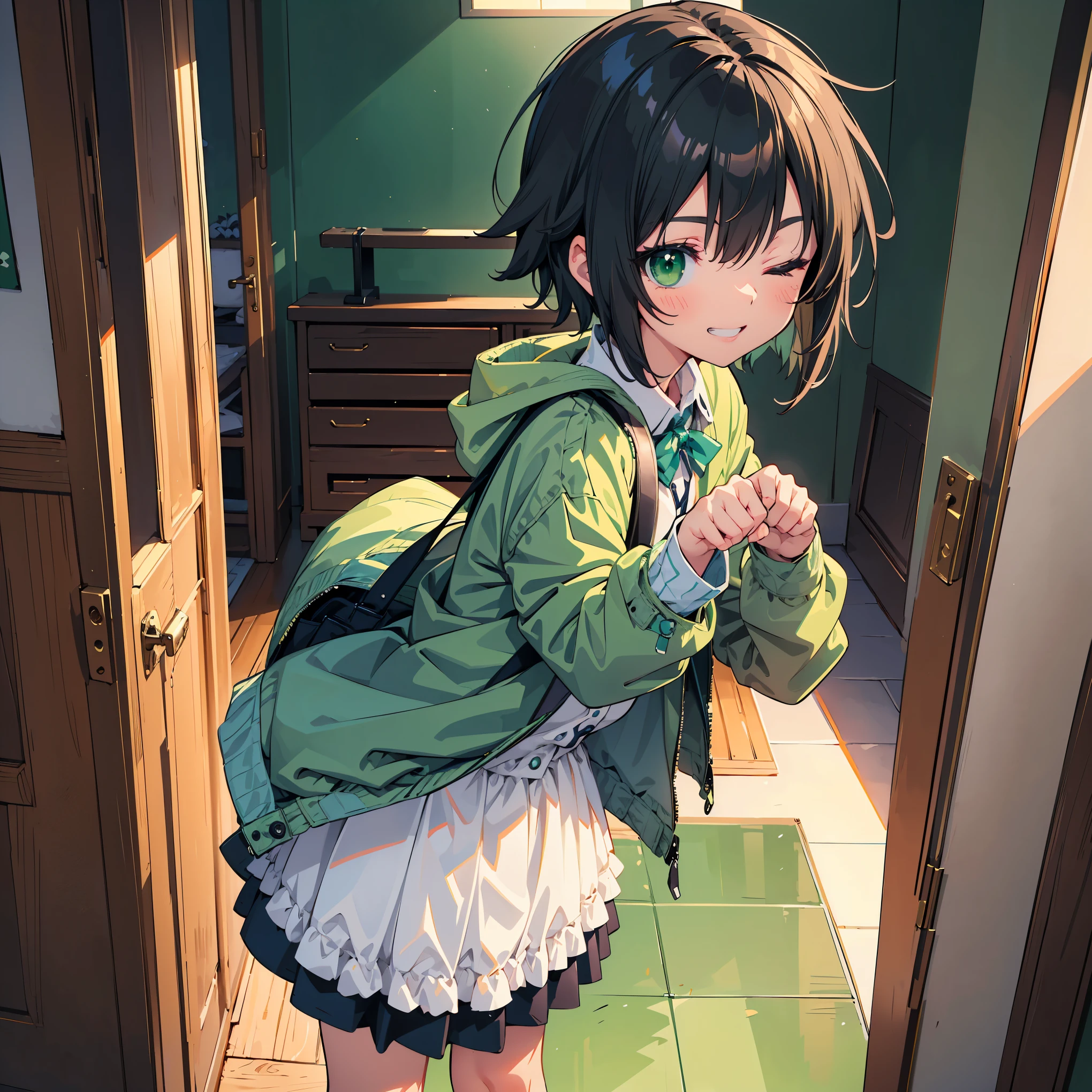 (masterpiece:1.2), (highest quality:1.2), Ultra-high resolution, Super detailed, Perfect Eyes, Perfect Face, Perfect lighting,((Standing anime girl)), (paw pose:1.3), grin, one eye closed, From Front, Surreal girl, (1 person,Lolita,boyish, , :1.3),((solo:1.3)), , Androgynous charm, (Very short hair), Black Hair, Messy Hair, small and soft breasts,Slender body, Small Ass, Small green eyes,Detailed and beautiful eyes, Well-proportioned iris and pupil, Expressive eyes, Beautifully detailed lips, High resolution detailed hair, ((Light green jacket:1.4)),(White shirt:1.4),((Checked Skirt)), Light green socks, Brown Loafers, Student bag, Ultra-dense skin, portrait, Anime-style illustrations, Anime illustration