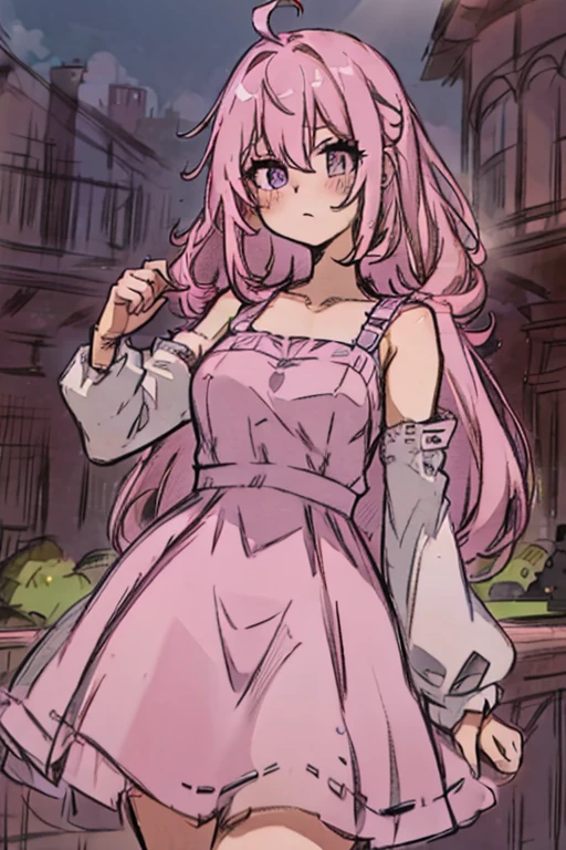 A pink haired woman with violet eyes with an hourglass figure in a cool leather dress is blushing in the gardens