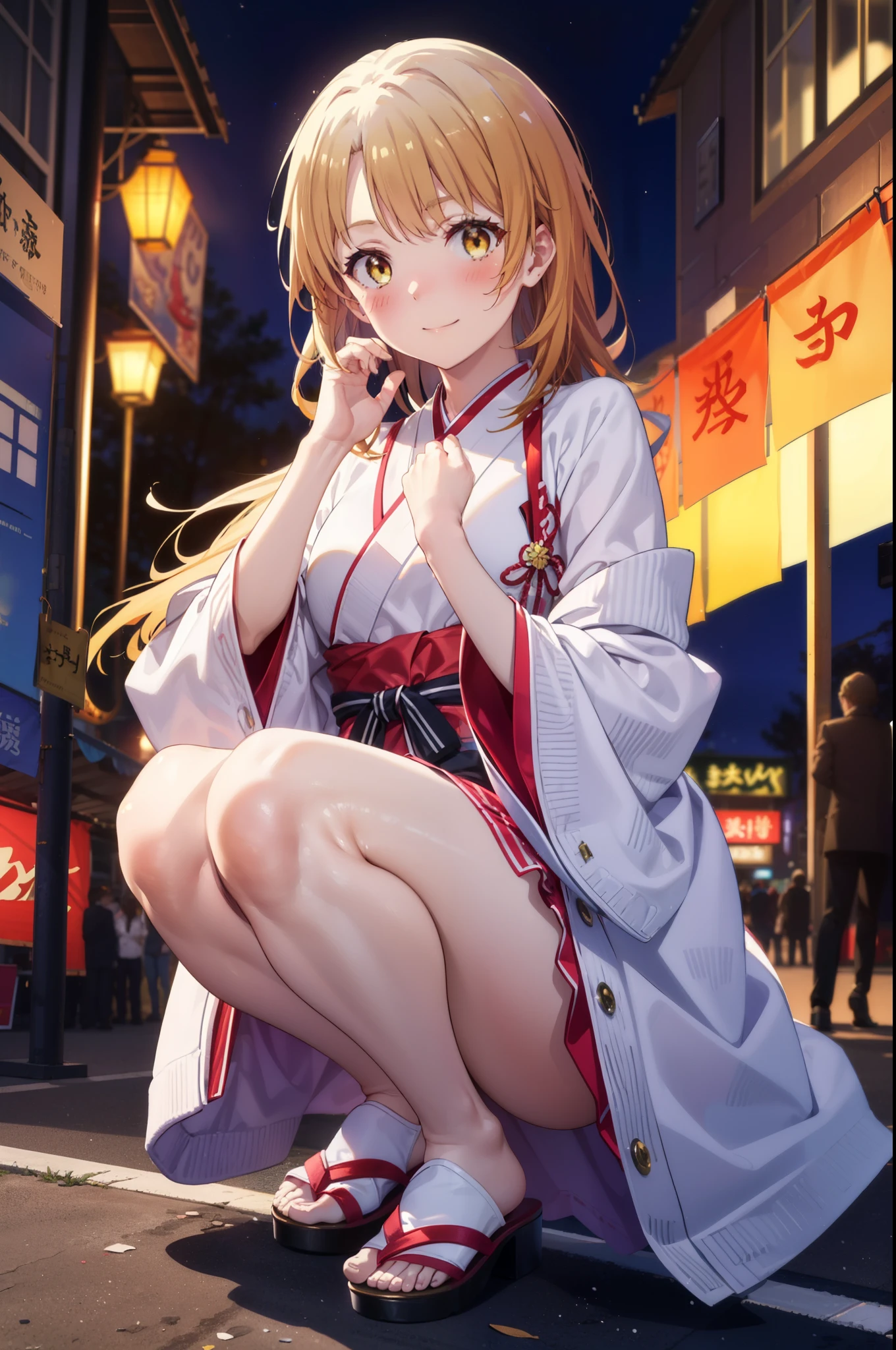 irohaisshiki, Iroha Isshiki, Long Hair, Brown Hair, (Brown eyes:1.5), smile,Yellow Kimono,Thick sleeves,White tabi,Sandals,日本のFestivalり,夏Festivalりの屋台,Red lantern,Fireworks in the night sky、Fireworks,The place is a fireworks display,Time is night,sunny day,whole bodyがイラストに入るように,歩いている
break outdoors, Festival,
break looking at viewer,whole body,
break (masterpiece:1.2), highest quality, High resolution, unity 8k wallpaper, (figure:0.8), (Beautiful fine details:1.6), Highly detailed face, Perfect lighting, Highly detailed CG, (Perfect hands, Perfect Anatomy),