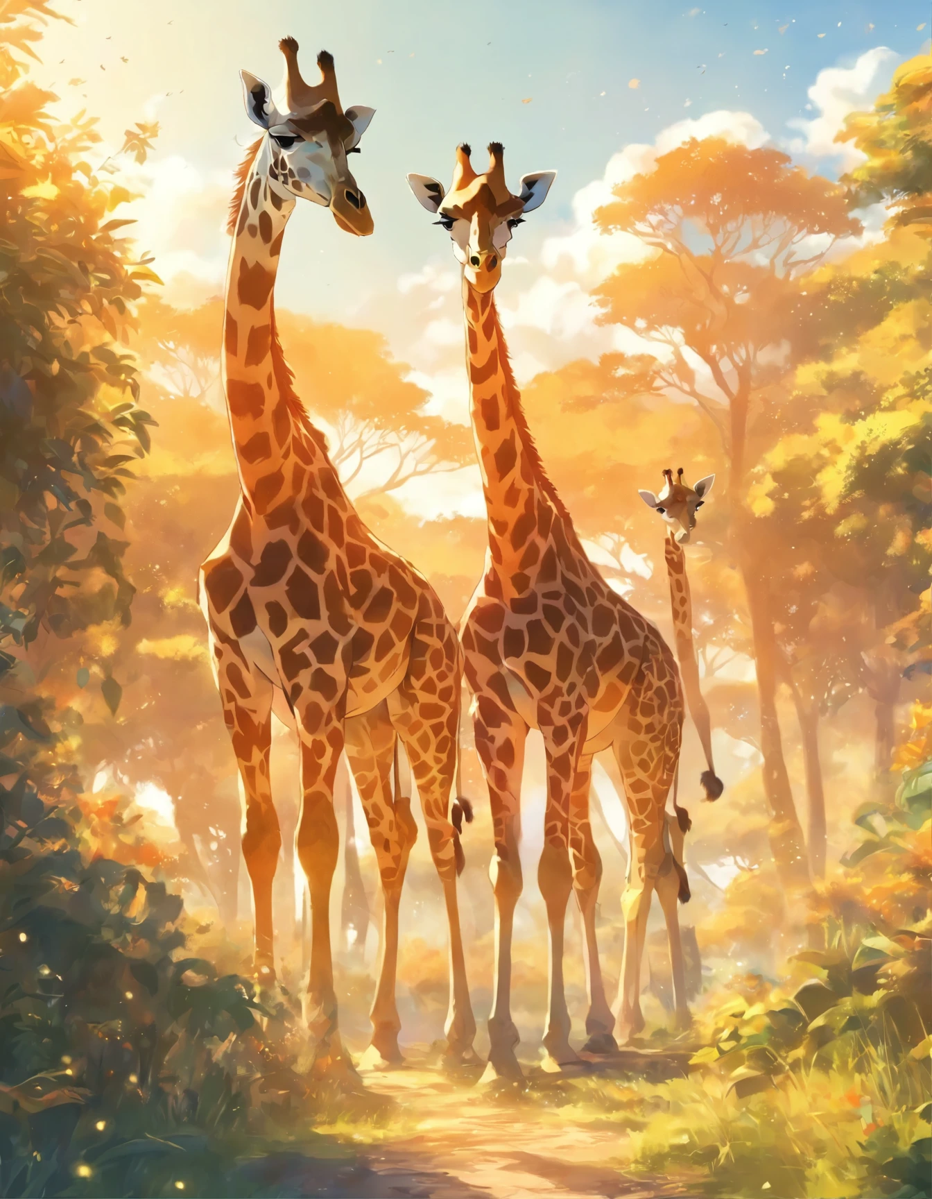 Giraffes in the wild in the afternoon sun.