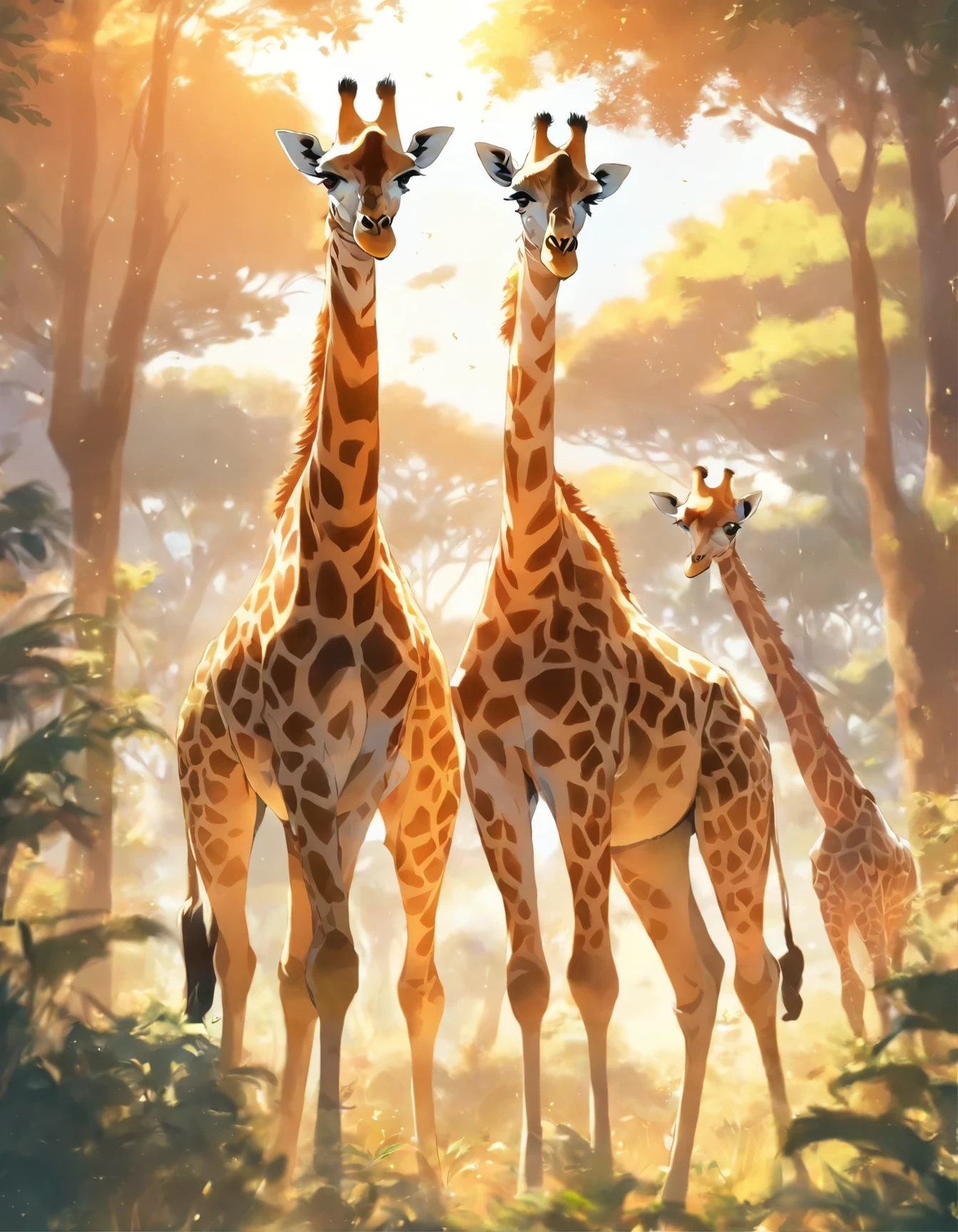 Giraffes in the wild in the afternoon sun.