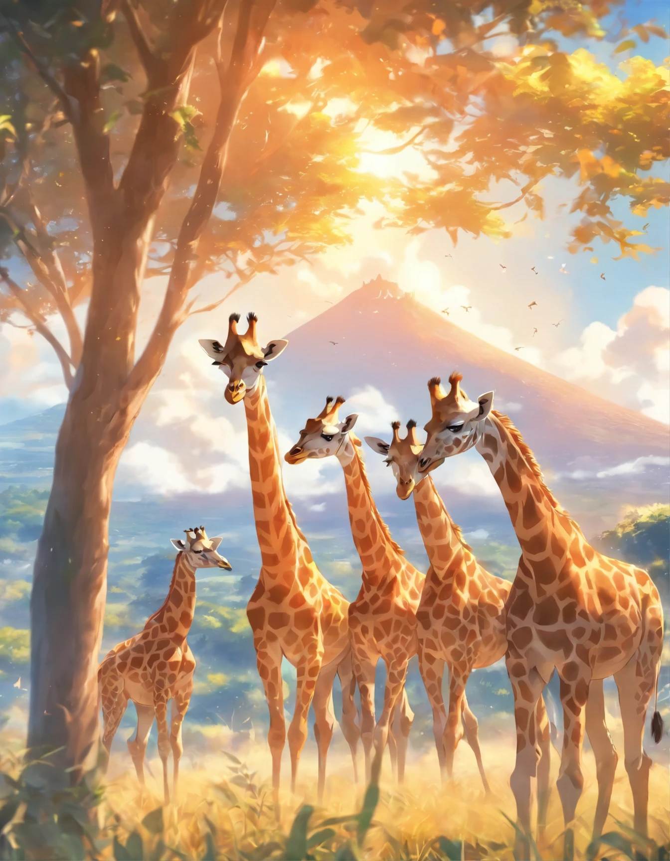 Giraffes in the wild in the afternoon sun.