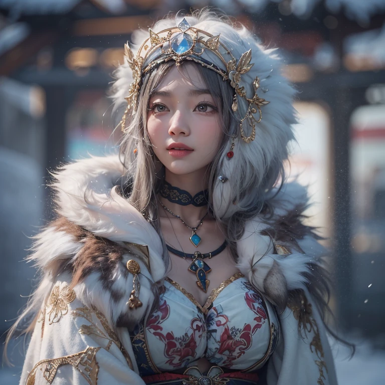 Hide in the snow mountain、Hair flows、 ((highest quality、masterpiece、8k、best image quality、ultra high resolution、Award-winning work)、(accurate anatomy:1.1)、(look at me and smile:1.1)、Shining fair skin with ultra high resolution、most detailed face、ultra high resolution detailed face、ultra high resolutionの髪の毛、(ultra high resolutionの煌めく瞳:1.1)、Beautiful face drawn in every detail、(blurred background:1.1)、ancient Inuit clothing, chest together, tattoo, Old ruins in the background、real wolf aside