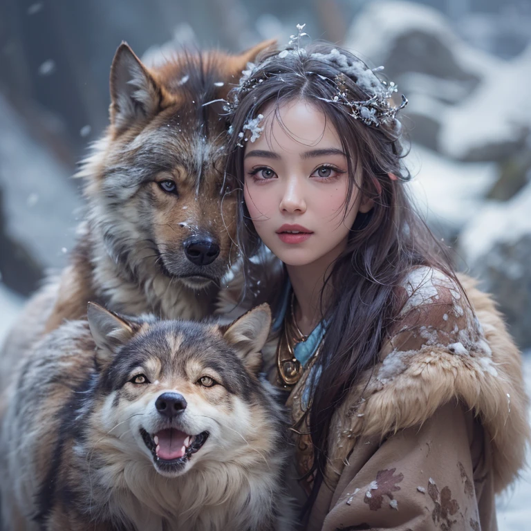 Hide in the snow mountain、Hair flows、 ((highest quality、masterpiece、8k、best image quality、ultra high resolution、Award-winning work)、(accurate anatomy:1.1)、(look at me and smile:1.1)、Shining fair skin with ultra high resolution、most detailed face、ultra high resolution detailed face、ultra high resolutionの髪の毛、(ultra high resolutionの煌めく瞳:1.1)、Beautiful face drawn in every detail、(blurred background:1.1)、ancient Inuit clothing, chest together, tattoo, Old ruins in the background、real wolf aside