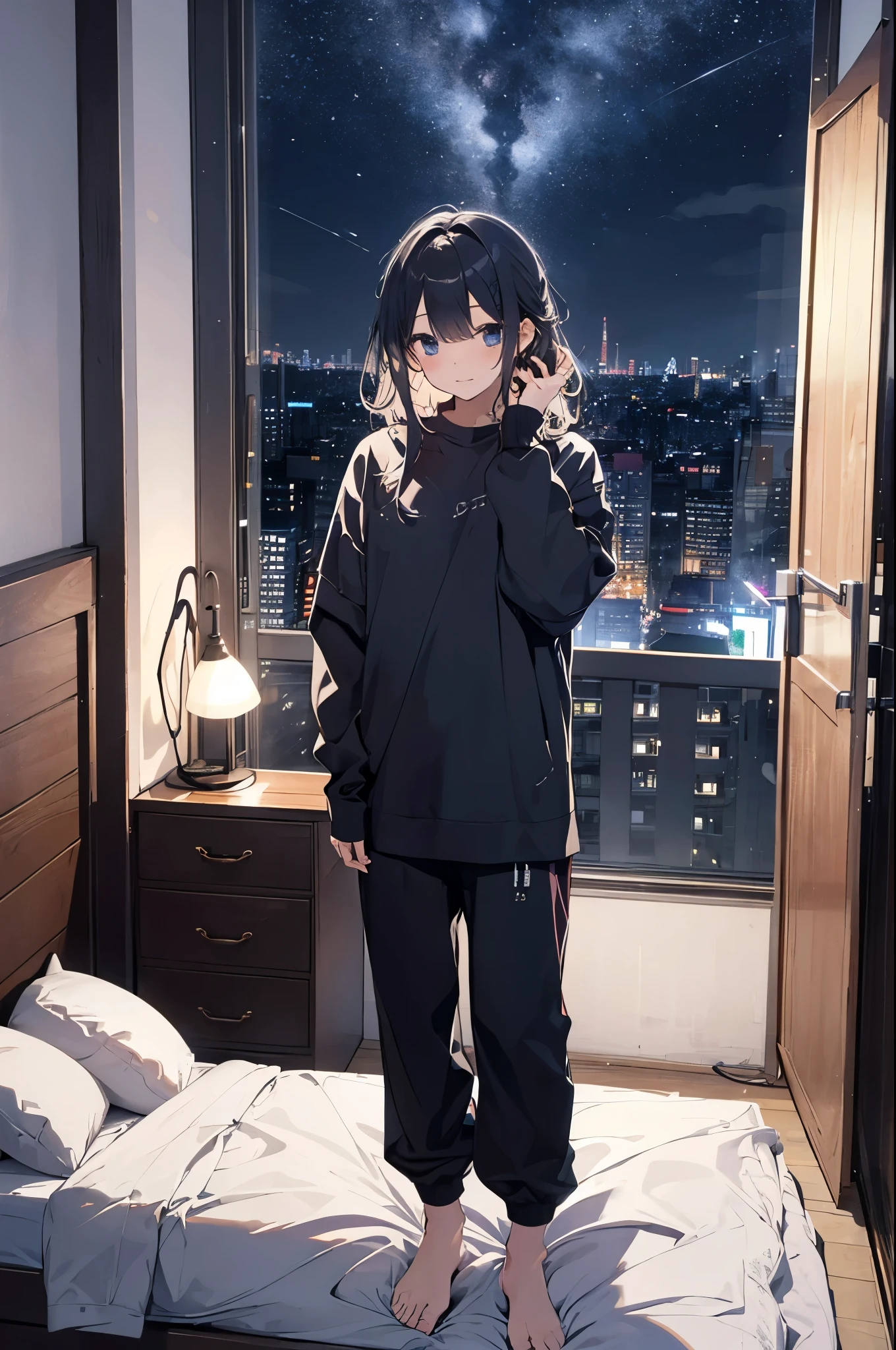 (Pretty sister:1.3)、((Super detailed))、night、Bedroom、On the bed、Messy Hair、rainy season、Going to bed、輝くnight空、((1 person))