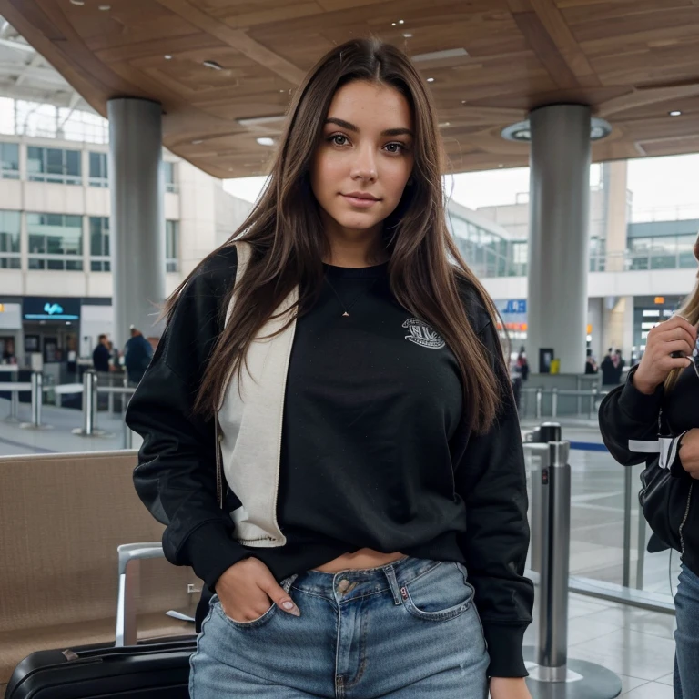 (best quality, Ultra detailed), (cheveux noirs), femme de 21 ans, beau visage, cheveux long, yeux vert, at the airport, avec sweatshirt et jean, seins moyens, thick thighs, angle critique,, Axillaires, slight smile, haut court, Des expressions fortes et sexy dans différentes positions