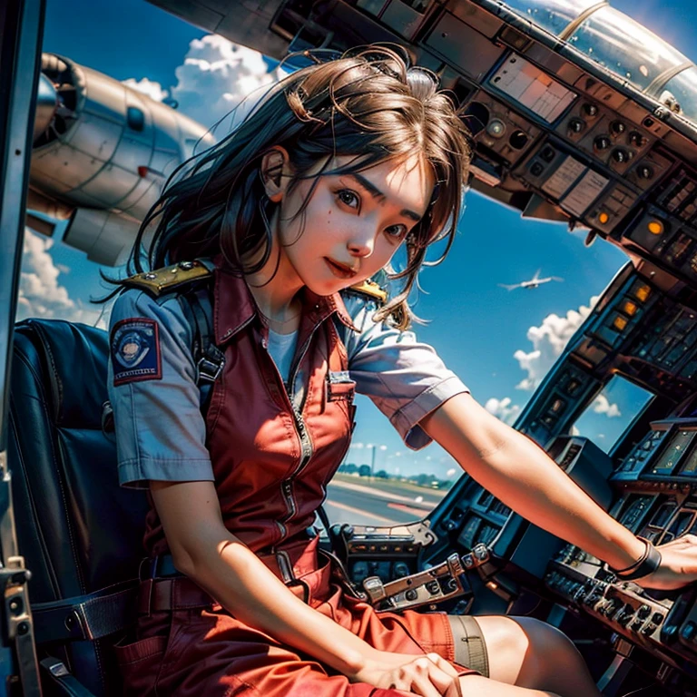 (A female aircraft mechanic:1.5)The tale of。(He is sitting in the cockpit of an airplane and doing maintenance.:1.5)、He is the full-time mechanic for the red acrobatic plane.:1.5), She is very attractive and beautiful。She is a beautiful woman who is so cute and sexy that it's hard to believe she's 32 years old.。I usually wear khaki green overalls at work.、Wearing brown leather boots, A narrow hangar with a low ceiling、((Right behind、A bright red reciprocating engine plane used for aerobatic flying is parked here.))。The aircraft is equipped with a single engine.、Equipped with a wooden propeller((It's a very beautiful mid-wing aircraft.。)), hot〜While saying、The girl took off her overalls from the top half.、The sleeves were wrapped around the waist.。Rui々Her beautiful skin and white tank top look very pretty.。A tight tank top accentuates her voluptuous cleavage。Tight abdominal muscles、You would never guess from her soft-looking breasts., When you notice this、He smiled at me while holding the wrench., Her sweat makes her sex appeal stand out even more., I was fascinated by the beautiful aircraft and the attractive women.。, Did you do any engine maintenance?、on her upper body、There is oil from the aircraft here and there.。, Did he think I was looking at his chest?、He looks at me with a slightly grinning expression.。, Her chest is certainly captivating、It seems that there is a big misunderstanding.。, Even when she teases, her appearance is somehow seductive, so it's no wonder that everyone is captivated by her.。, Dynamic perspective,
