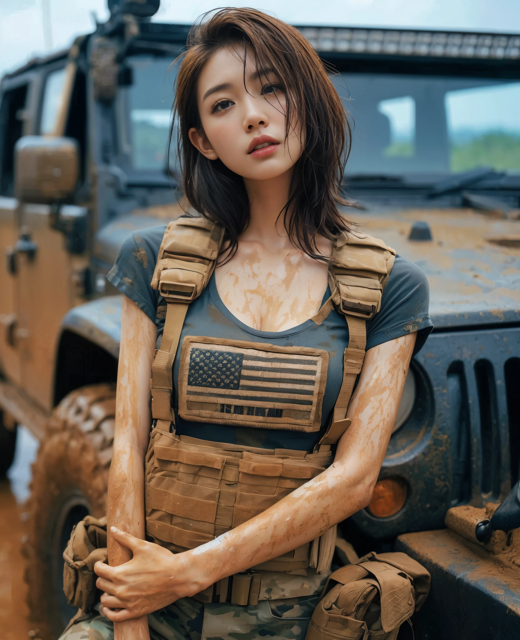 (best quality,8k,realistic photo:1.2),ultra-detailed,realistic skin texture,Japanese woman serving in the U.S. Army,t-shirt,rugged terrain,jeep stuck in mud,muddy,bulletproof vest,blurred background