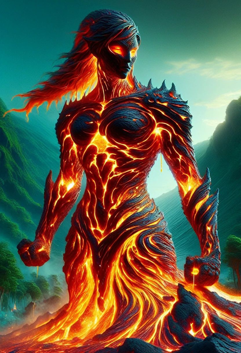 Lava Demon, ral-lava, LavaRay, Demon made entirely of lava, (best quality, highres, ultra-detailed:1.2), intense, fiery, and fearsome Lava Demon, glowing red eyes, sharp fangs and claws, towering over the landscape, surrounded by swirling magma, molten rivers flowing in the background, emitting a sinister glow, smoke billowing from its nostrils, an aura of pure heat and destruction, devilish horns adorned with lava drips, an otherworldly entity emerging from the depths of the Earth's core, surreal and menacing, in the style of dark fantasy art, with vibrant colors and high contrast, cast in a hellish color palette.