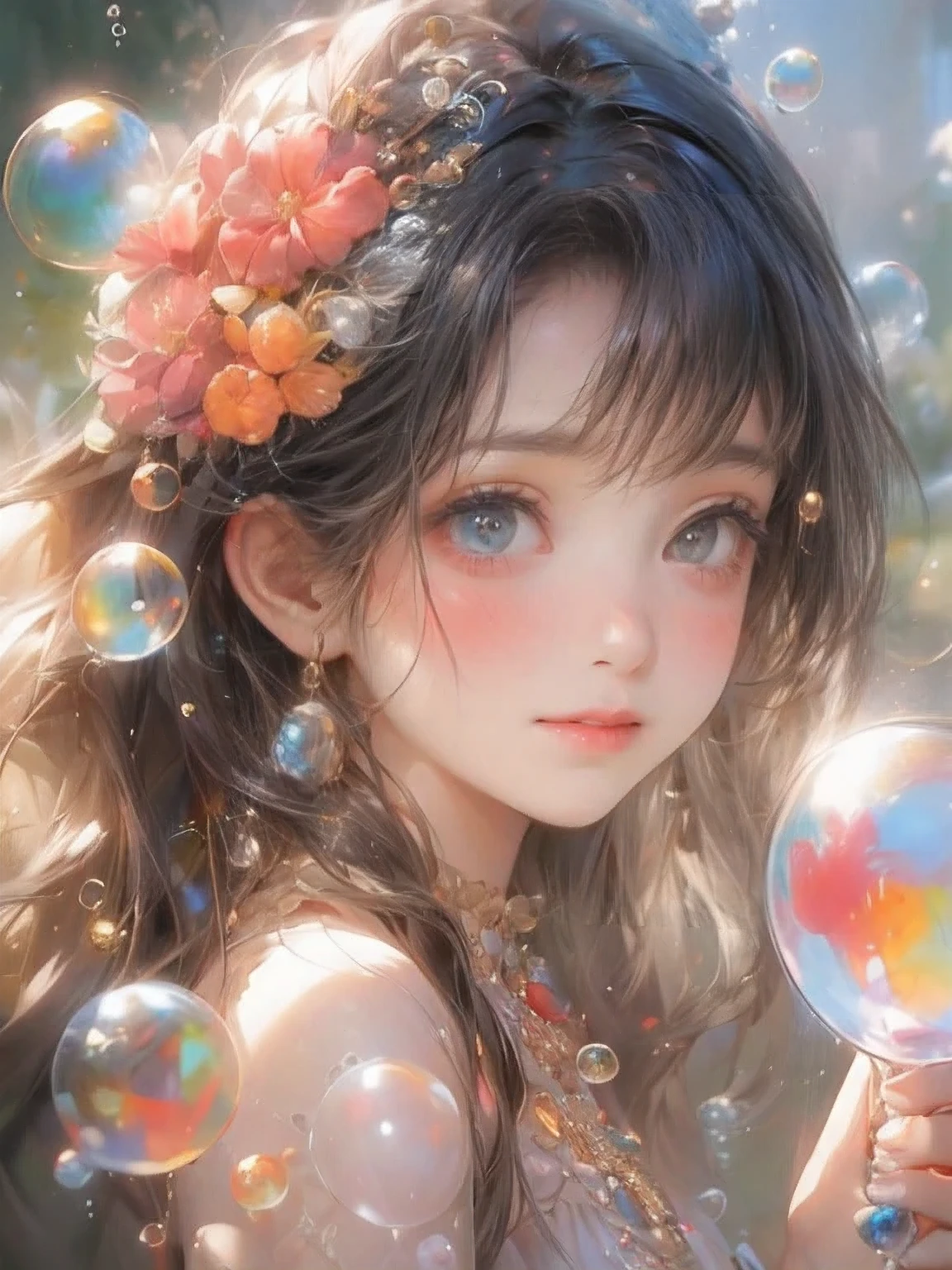 masterpiece:1.2, highest quality, 16k, highres, ultra-realistic:1.37, beautiful detailed:1.2, beautiful woman, standing, beautiful posing, bubble, heart shape bubbles:1.5, Countless bubbles (heart shape:1.2, vibrant colors), bubbles of various sizes, bubbles:1.2, too many bubbles:1.2, happily smile, beautiful delicate(hair, face, long eyelash, eyes, pupils, lips, knee, anklet, bubbles), sparkling eyes, shining rosy lips, blushed cheek, through bangs,