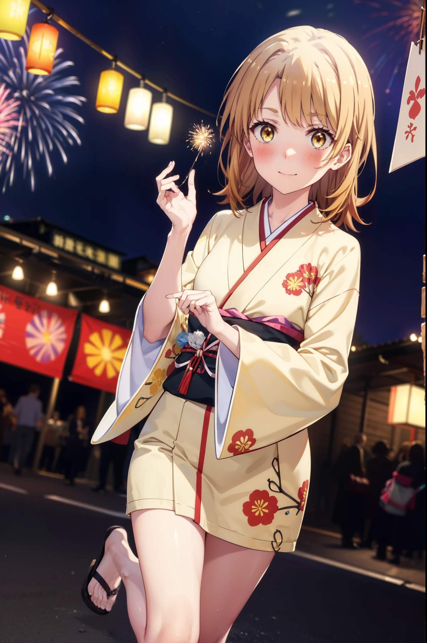 irohaisshiki, Iroha Isshiki, Long Hair, Brown Hair, (Brown eyes:1.5), smile,Yellow Kimono,Thick sleeves,White tabi,Sandals,日本のFestivalり,夏Festivalりの屋台,Red lantern,Fireworks in the night sky、Fireworks,The place is a fireworks display,Time is night,sunny day,whole bodyがイラストに入るように,歩いている
break outdoors, Festival,
break looking at viewer,whole body,
break (masterpiece:1.2), highest quality, High resolution, unity 8k wallpaper, (figure:0.8), (Beautiful fine details:1.6), Highly detailed face, Perfect lighting, Highly detailed CG, (Perfect hands, Perfect Anatomy),