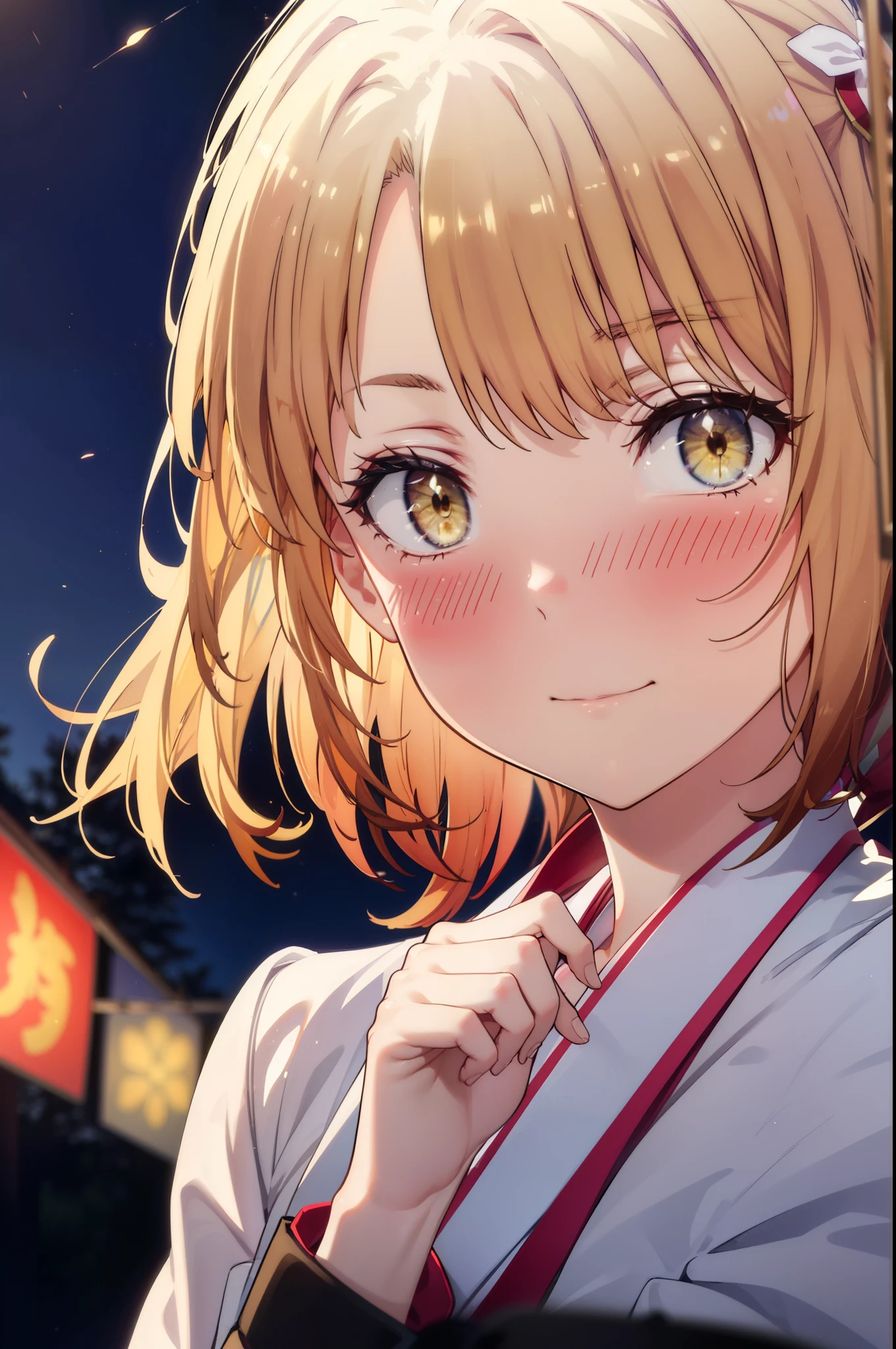 irohaisshiki, Iroha Isshiki, Long Hair, Brown Hair, (Brown eyes:1.5), smile,Yellow Kimono,Thick sleeves,White tabi,Sandals,日本のFestivalり,夏Festivalりの屋台,Red lantern,Fireworks in the night sky、Fireworks,The place is a fireworks display,Time is night,sunny day,whole bodyがイラストに入るように,歩いている
break outdoors, Festival,
break looking at viewer,whole body,
break (masterpiece:1.2), highest quality, High resolution, unity 8k wallpaper, (figure:0.8), (Beautiful fine details:1.6), Highly detailed face, Perfect lighting, Highly detailed CG, (Perfect hands, Perfect ???????),