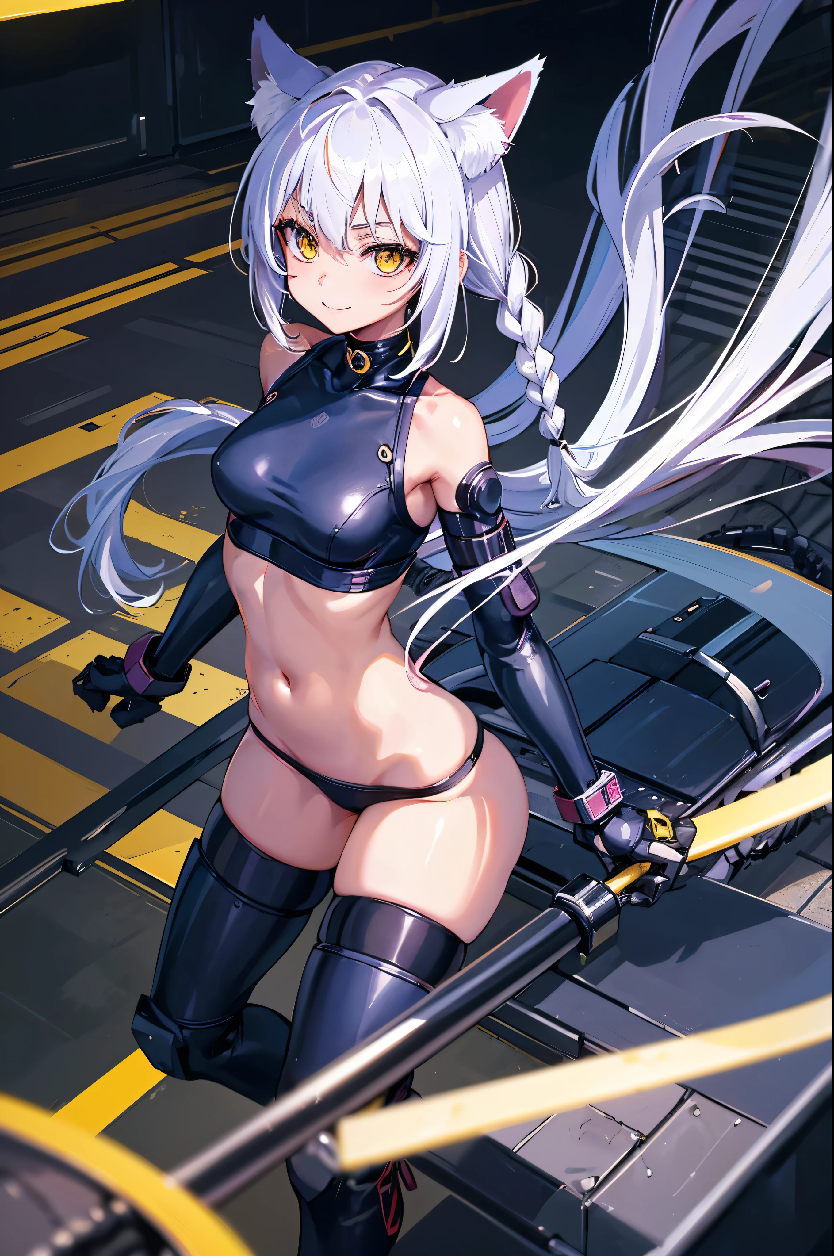 masterpiece, highest quality, Perfect Face, Highest Resolution, Highest quality,Detailed depiction of the eyes, foxy 1 girl, young, skinny body, White Hair, Long Hair,one side braid grated, Cat ear, Big cat eyes, Yellow Eyes, cyber punk, Have fun, laugh, Captivating smile, navy blue mechanical arm guard, navy blue mechanical leg guard, Expose your shoulders, Exposing your thighs, cat tail, Black ribbon choker, small breasts, Perfect Anatomy