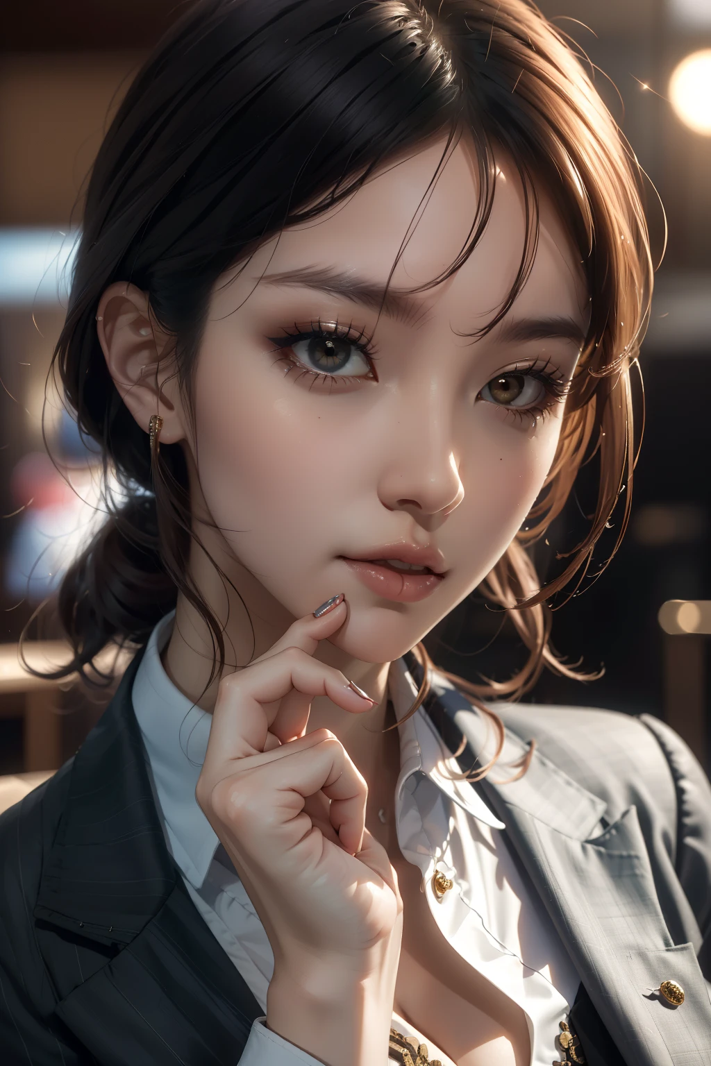 ((best quality)), ((masterpiece)), (detailed), perfect face
wasian lady in a business like attire, dominant, thinking, close up. hand on mouth, concerned face