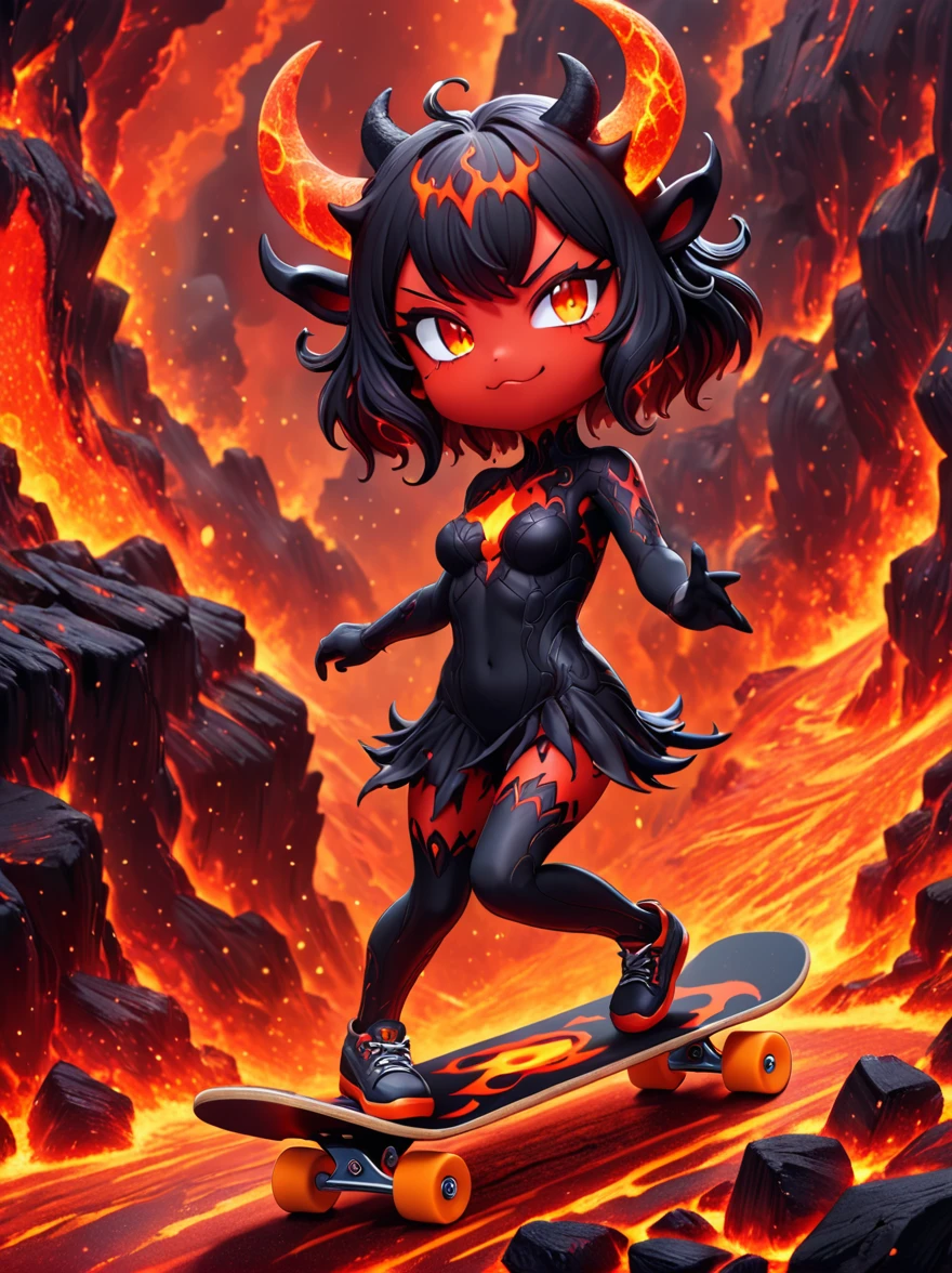 1girl, demon whose body is made of lava, With menacing horns and crimson lava skin, strike a playful pose, Standing on a skateboard, (one eye Close:1.6), Red Eyes, Pouting cute little mouth, Swirling tendrils of smoke leave behind them, proudly, (Volcanic magma background), (The Abyss of Hell), Cartoon Style, full-body shot, Created with C4D and Blender, Blind box toy styles, precise, Super Detail, Anatomically correct, masterpiece