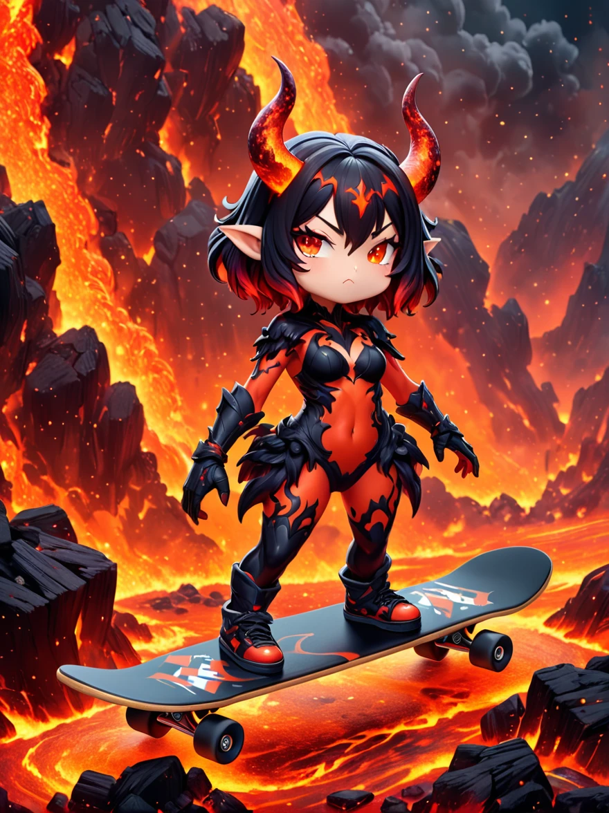 1girl, demon whose body is made of lava, With menacing horns and crimson lava skin, strike a playful pose, Standing on a skateboard, (one eye Close:1.6), Red Eyes, Pouting cute little mouth, Swirling tendrils of smoke leave behind them, proudly, (Volcanic magma background), (The Abyss of Hell), Cartoon Style, full-body shot, Created with C4D and Blender, Blind box toy styles, precise, Super Detail, Anatomically correct, masterpiece