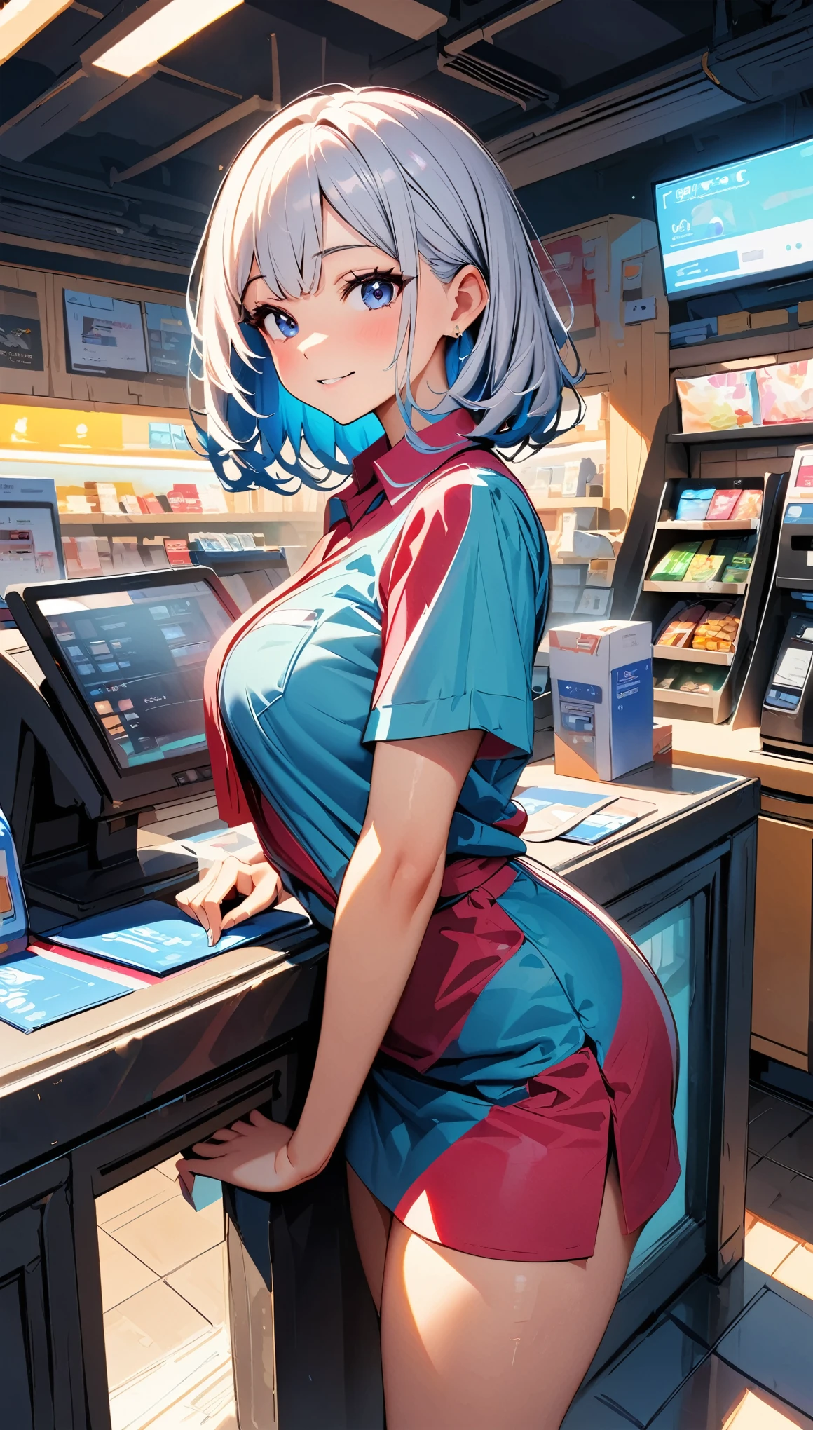 (highest quality:1.2, Very detailed, Latest, Vibrant, Ultra-high resolution, High Contrast, masterpiece:1.2, highest quality, Best aesthetics), 1 Female, Female convenience store clerk, colorful shirt, Convenience Store Uniforms, Displayed items, Bright interior, Female clerk at the counter, Feel-good background music, Well-cleaned floors, Items around the cash register,