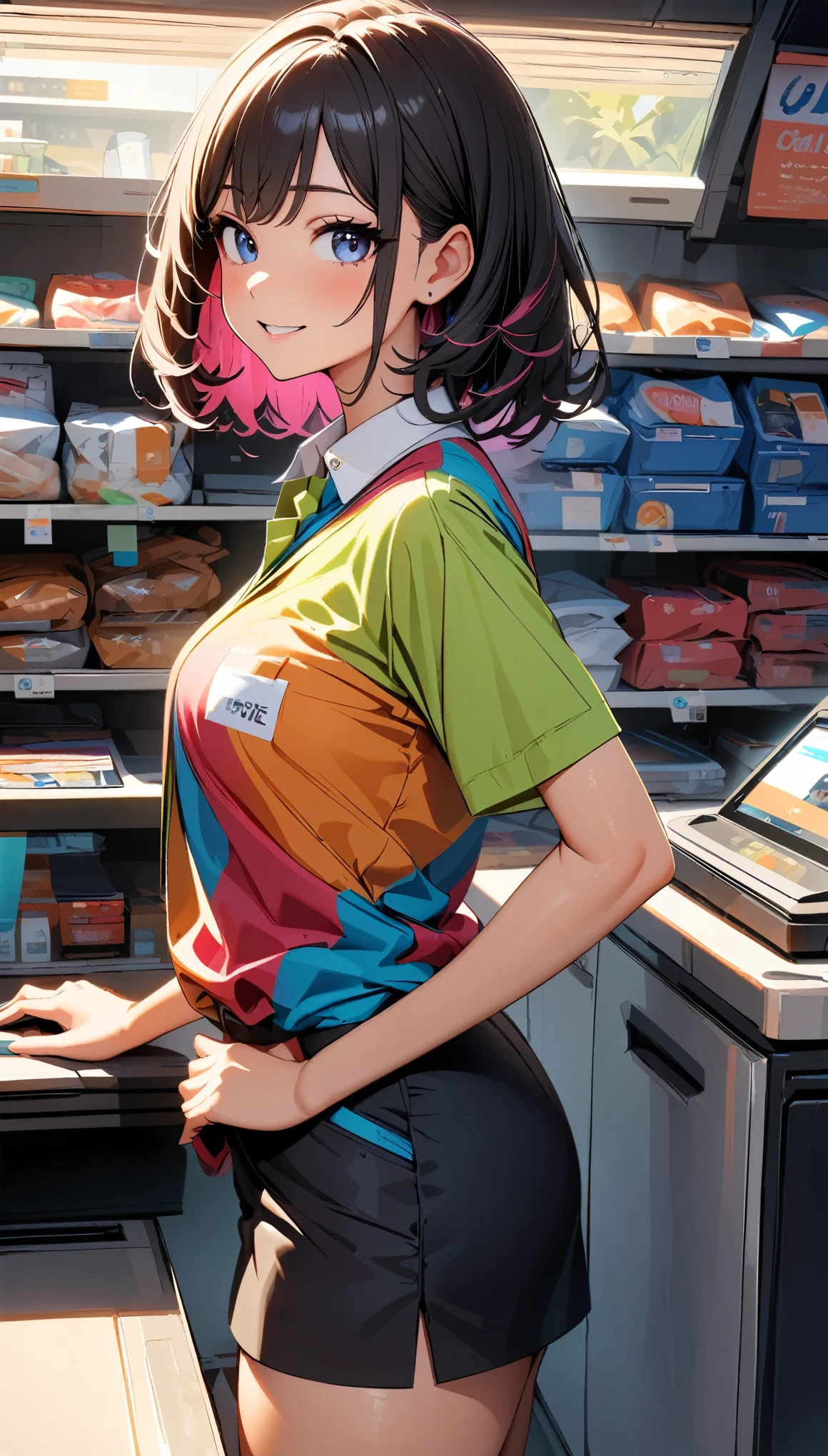 (highest quality:1.2, Very detailed, Latest, Vibrant, Ultra-high resolution, High Contrast, masterpiece:1.2, highest quality, Best aesthetics), 1 Female, Female convenience store clerk, colorful shirt, Convenience Store Uniforms, Displayed items, Bright interior, Female clerk at the counter, Feel-good background music, Well-cleaned floors, Items around the cash register,
