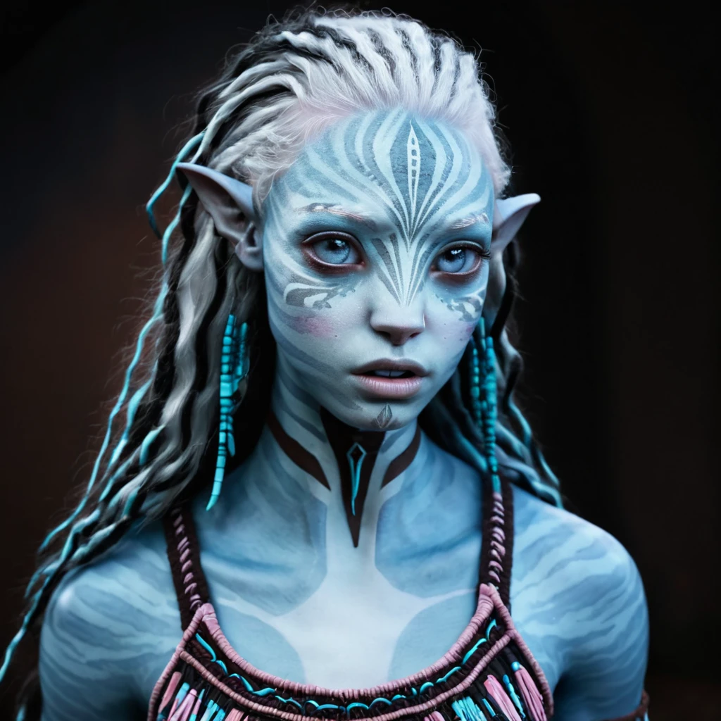 avatar character, (face portrait), 1girl, female, (light blue skin tone), (long wavy hair:1.0), black and white hair color, light pink colored eyes, albino, albinism, (young adult), 18 years old:1, (pointy fangs), face wrinkles, wearing brown colored tribal clothing, (wearing a brown tribal top), detailed eyes, toned body, muscled body, vibrant colors, glowing, ethereal atmosphere, surrealistic dreamy lighting, textured skin, otherworldly beauty, mesmerizing photography, (best quality, highres), vivid colors, ultrarealistic, skin details, striped skin, sfw, (face close-up), ultradetailed body, simple dark background